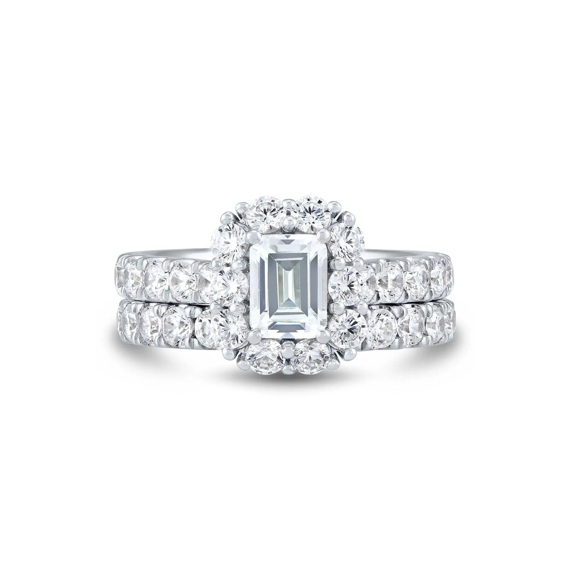3 CT. Tw. Lab Grown Diamond Emerald-Cut Bridal Set 14K White Gold Ring Round Brilliant Cut Size 7.5 1mm - Image 2