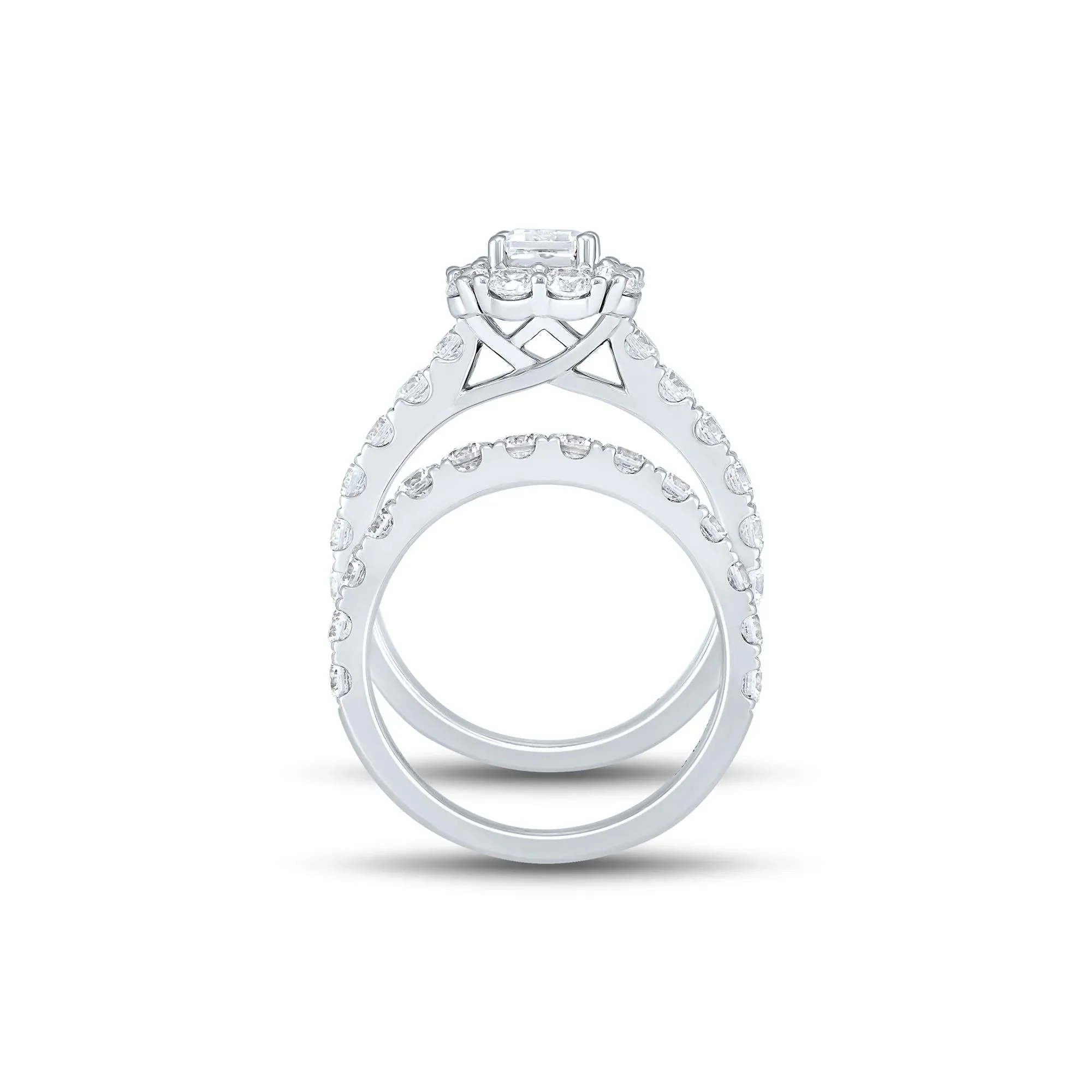3 CT. Tw. Lab Grown Diamond Emerald-Cut Bridal Set 14K White Gold Ring Round Brilliant Cut Size 7.5 1mm - Image 3
