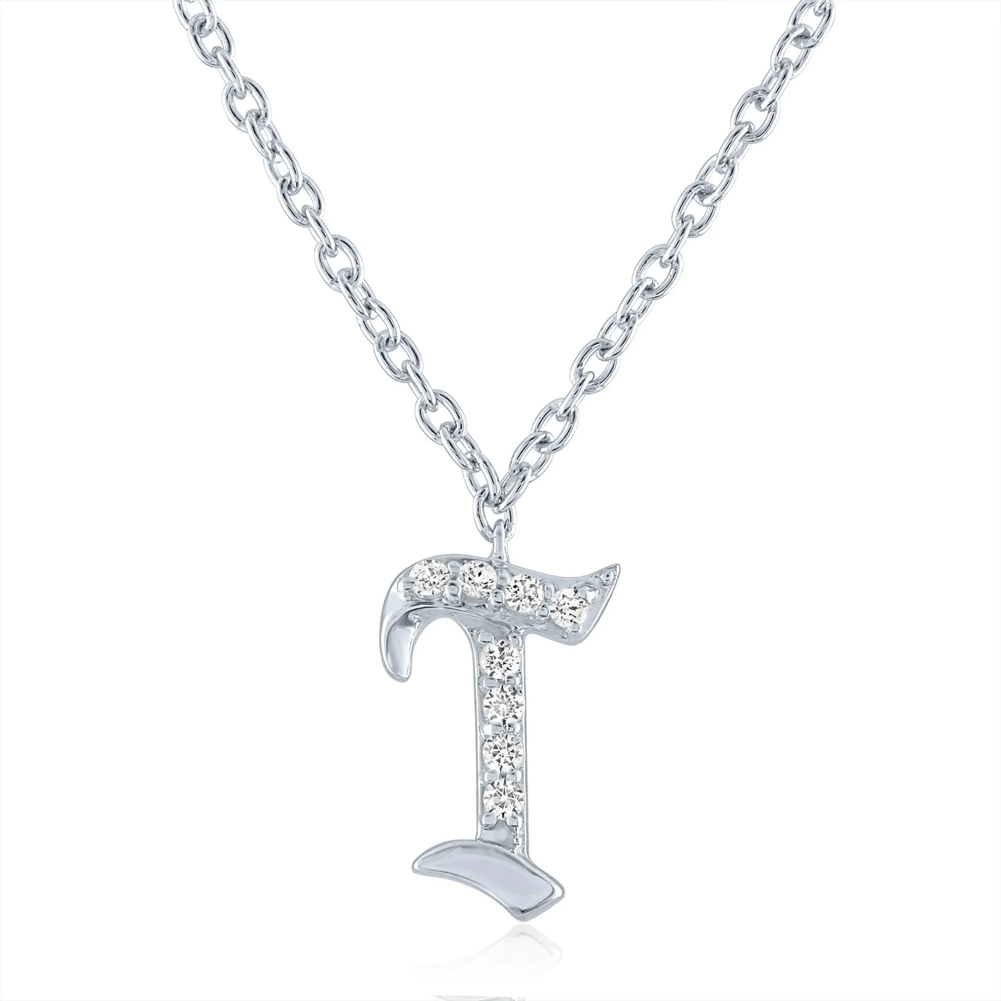 Diamond Accent Gothic Script T Initial Pendant Necklace .925 Sterling Silver White Size 18"