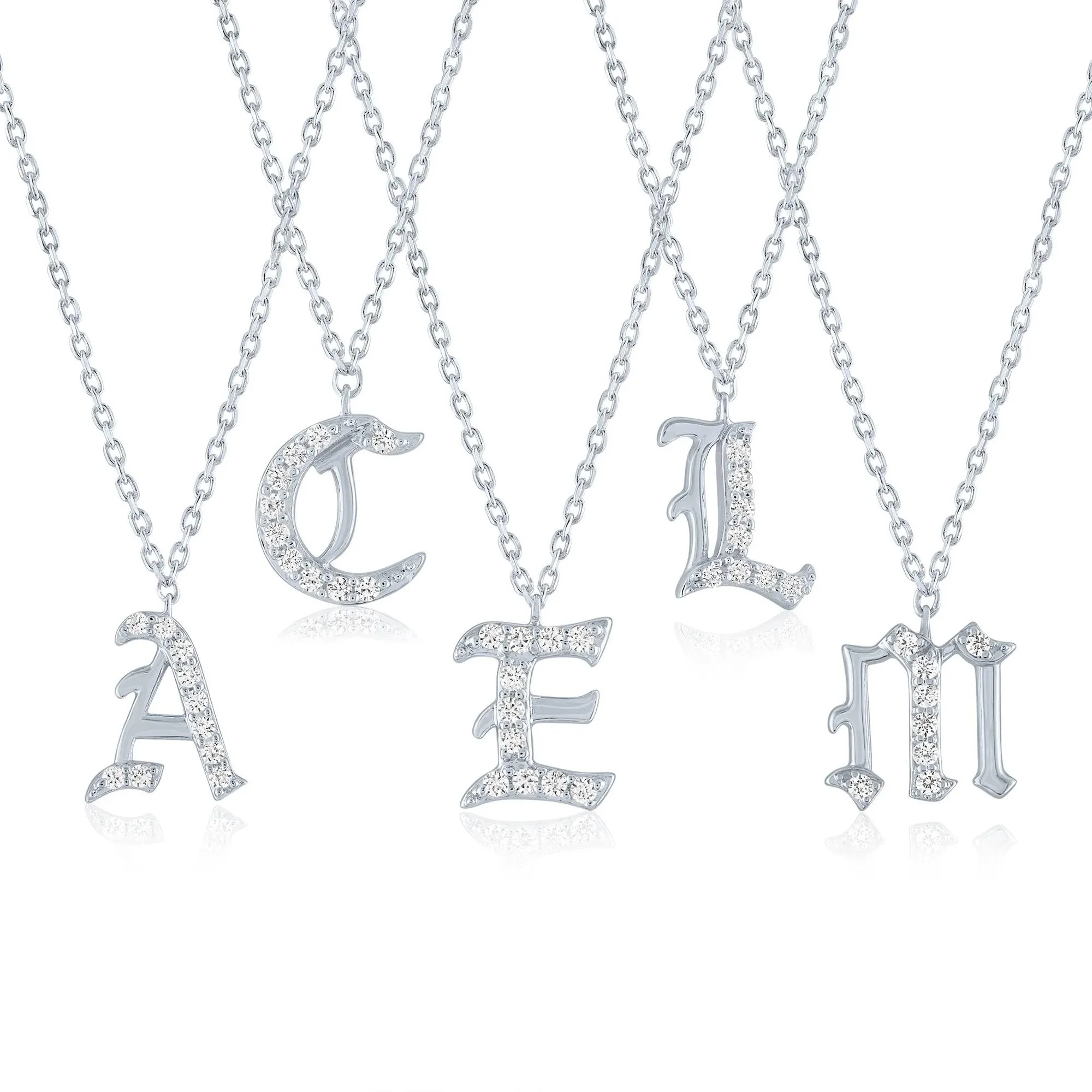 Diamond Accent Gothic Script T Initial Pendant Necklace .925 Sterling Silver White Size 18" - Image 3