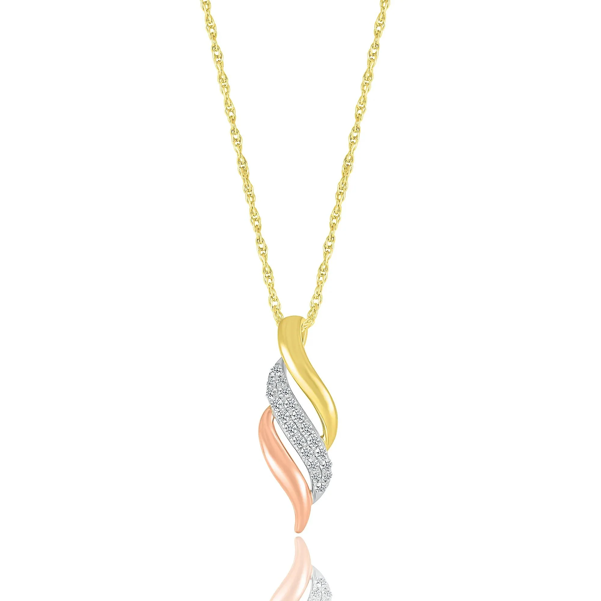 1/7 CT. Tw. Diamond Swirl Pendant Necklace Tri-Tone 10K Gold White Size 18"