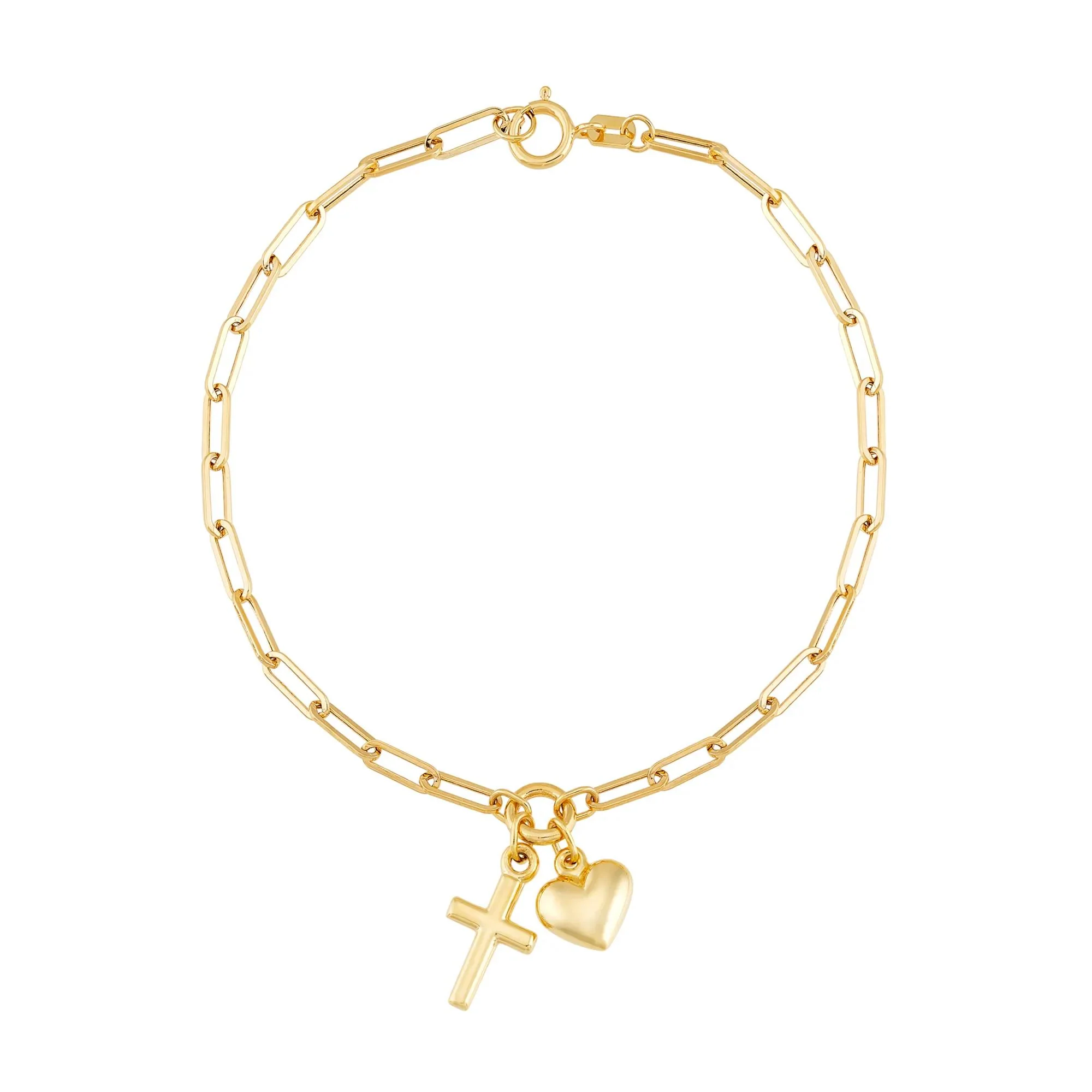 Paperclip Bracelet with Heart and Cross Charms 14K Yellow Gold 7.25" Size 7.5"