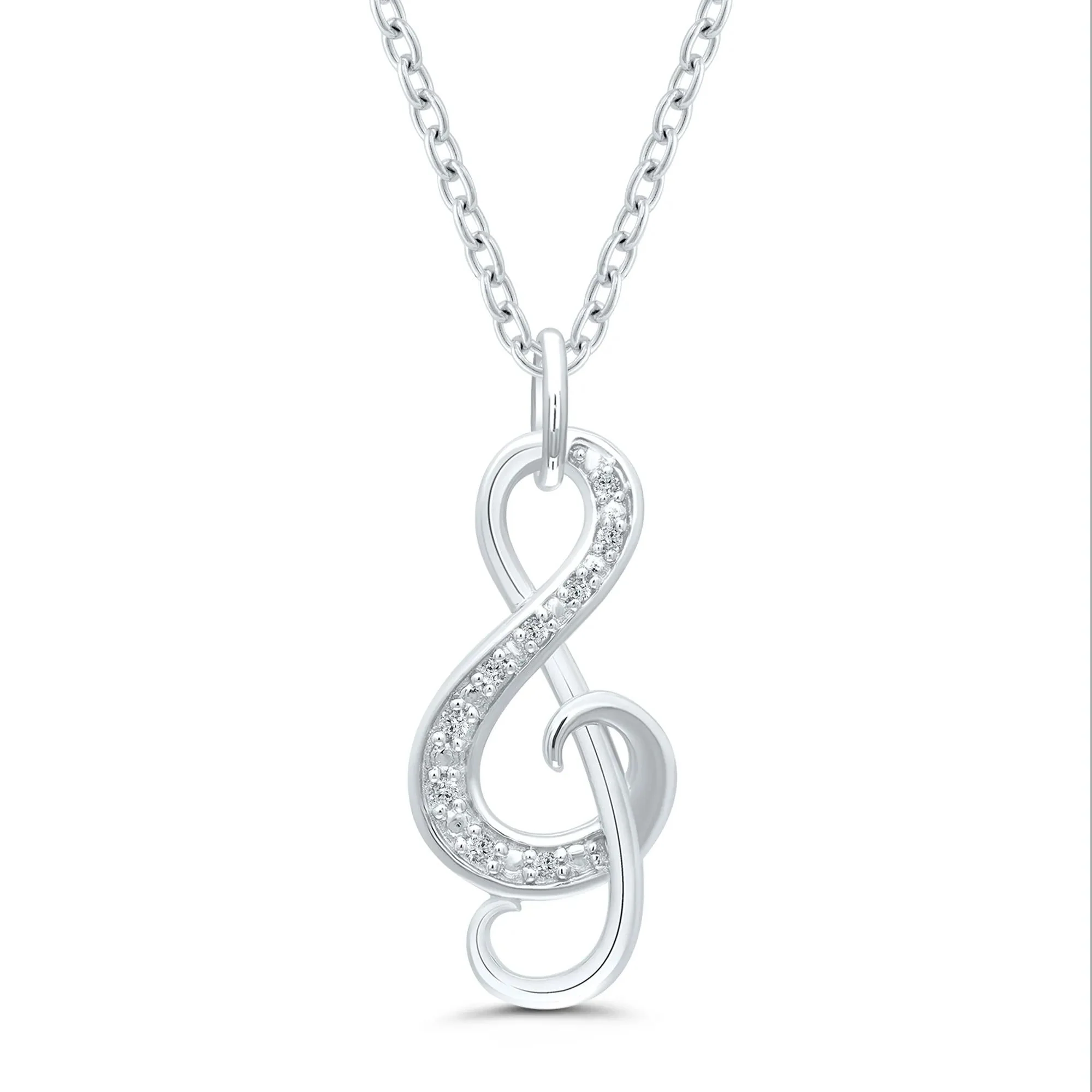 Music Note Pendant Necklace with Diamond Accents .925 Sterling Silver White Size 18"