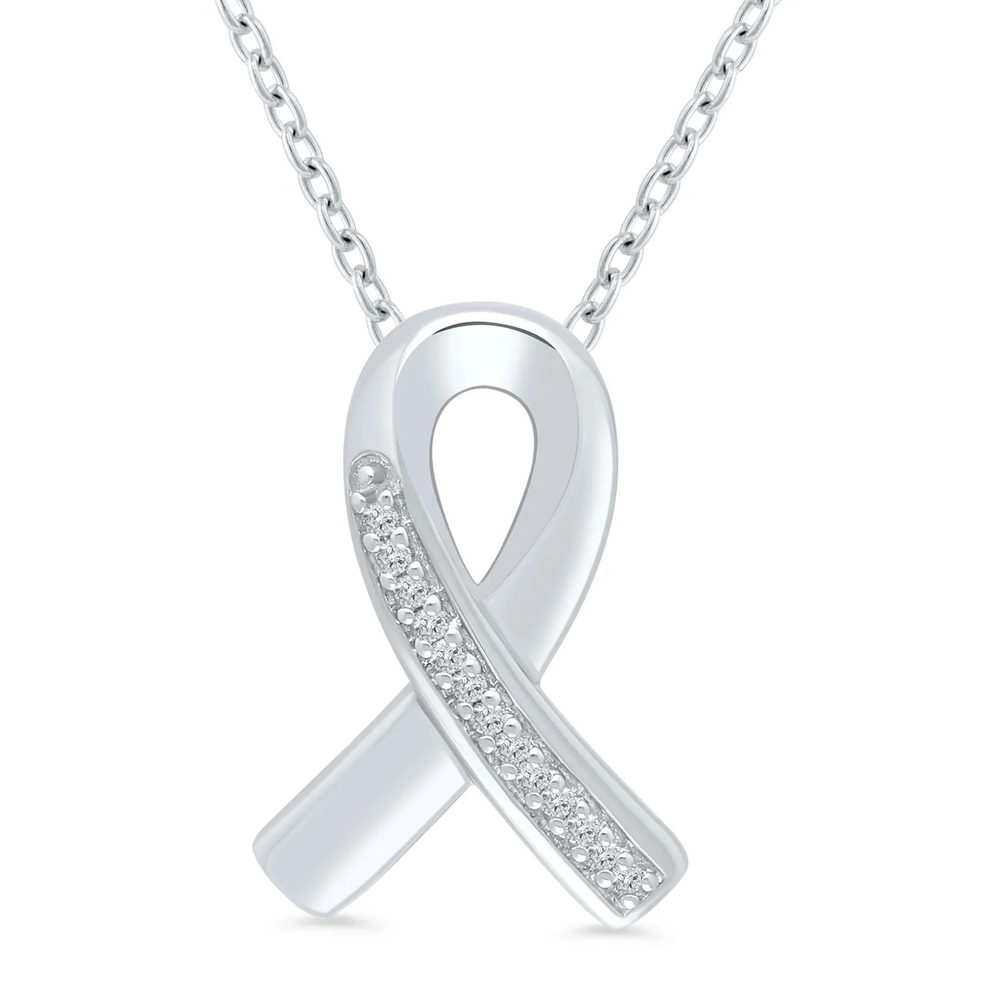 Ribbon Pendant Necklace with Diamond Accents .925 Sterling Silver White Size 18"