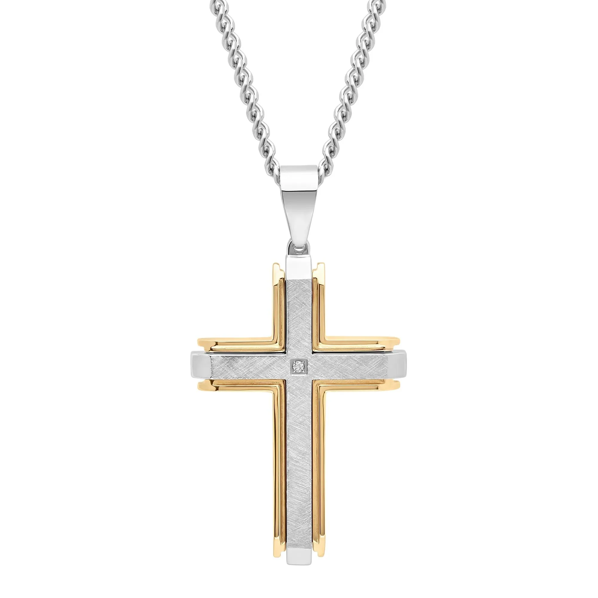 Cross Pendant Necklace with Diamond Accent Stainless Steel and Yellow Ion-Plated Stainless Steel Gray Size 24"