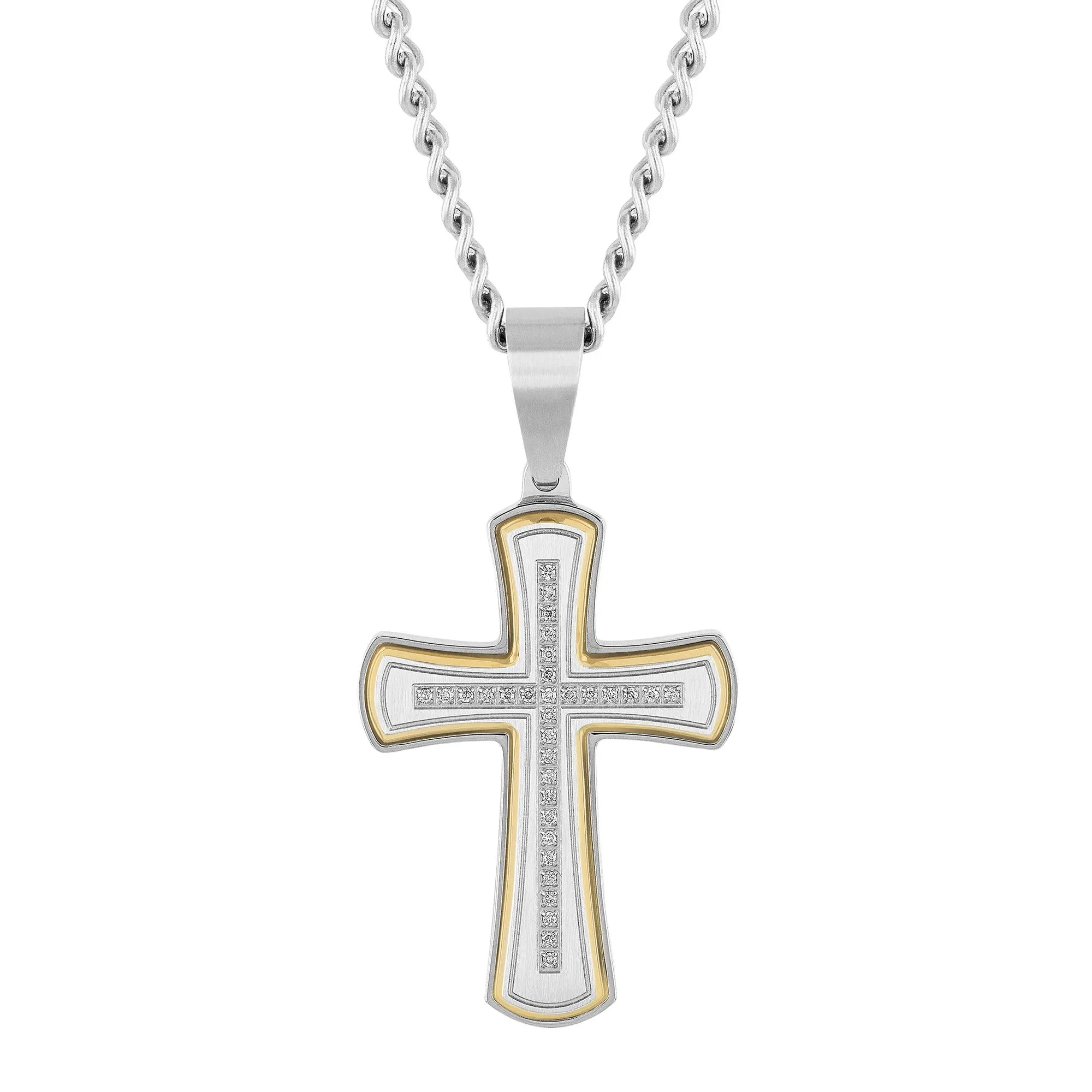 Diamond Cross Pendant Necklace Stainless Steel and Yellow Ion-Plated Stainless Steel Gray Size 24"