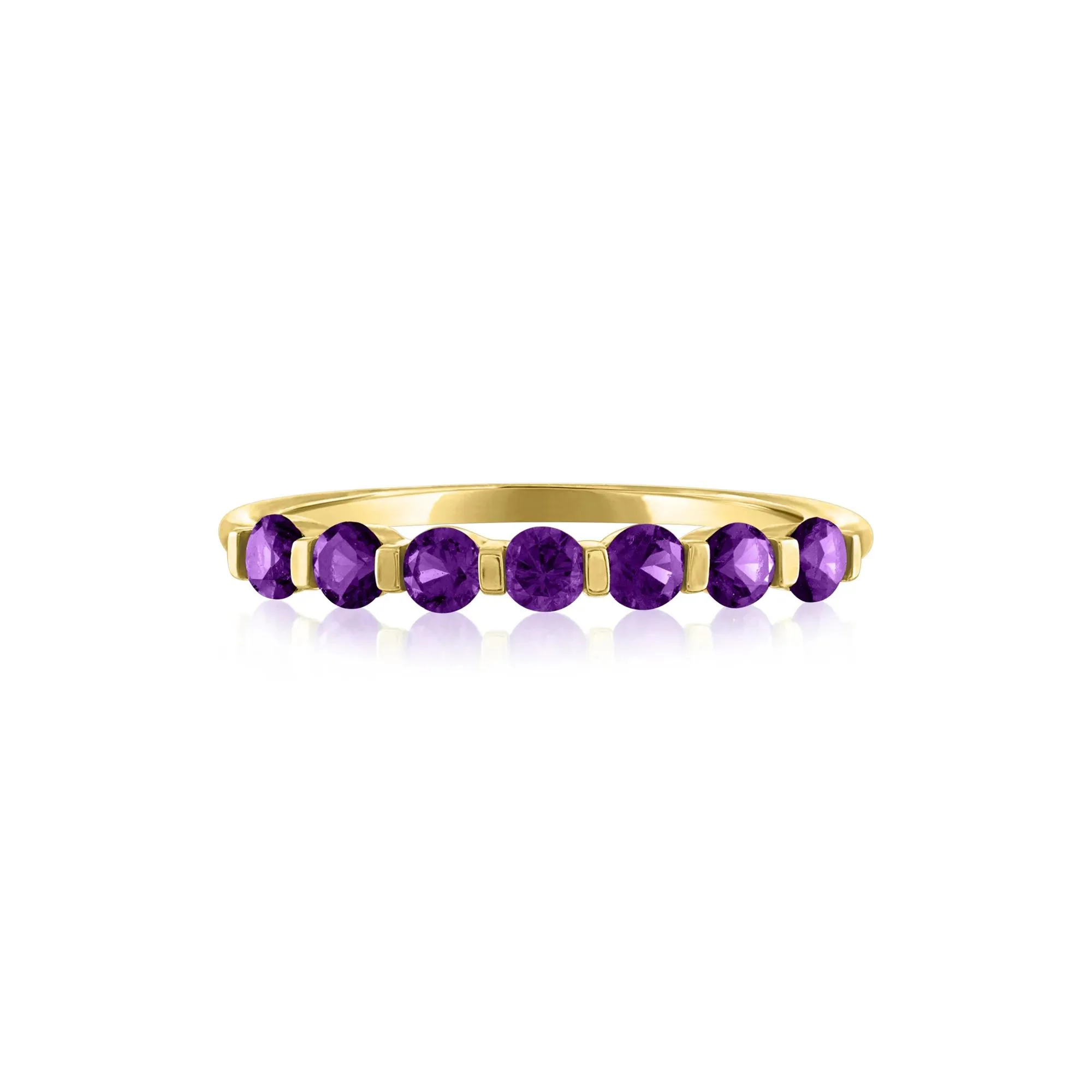 Amethyst Shared-Prong Band Ring 10K Yellow Gold Round Brilliant Cut Size 7.5 1mm