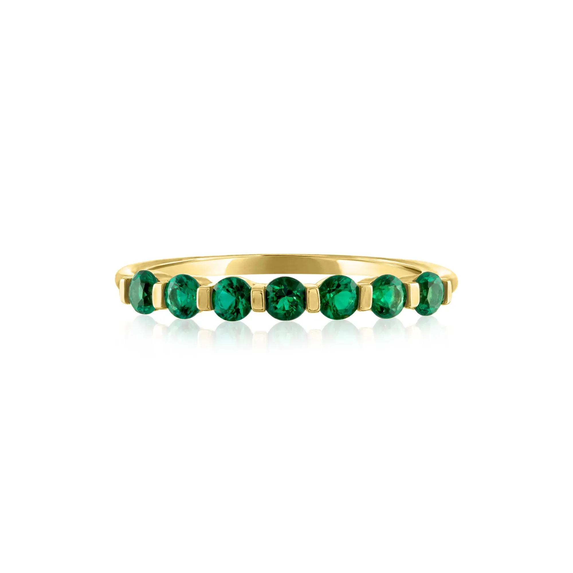 Lab-Created Emerald Shared-Prong Band Ring 10K Yellow Gold Round Brilliant Cut Size 8.5 1mm