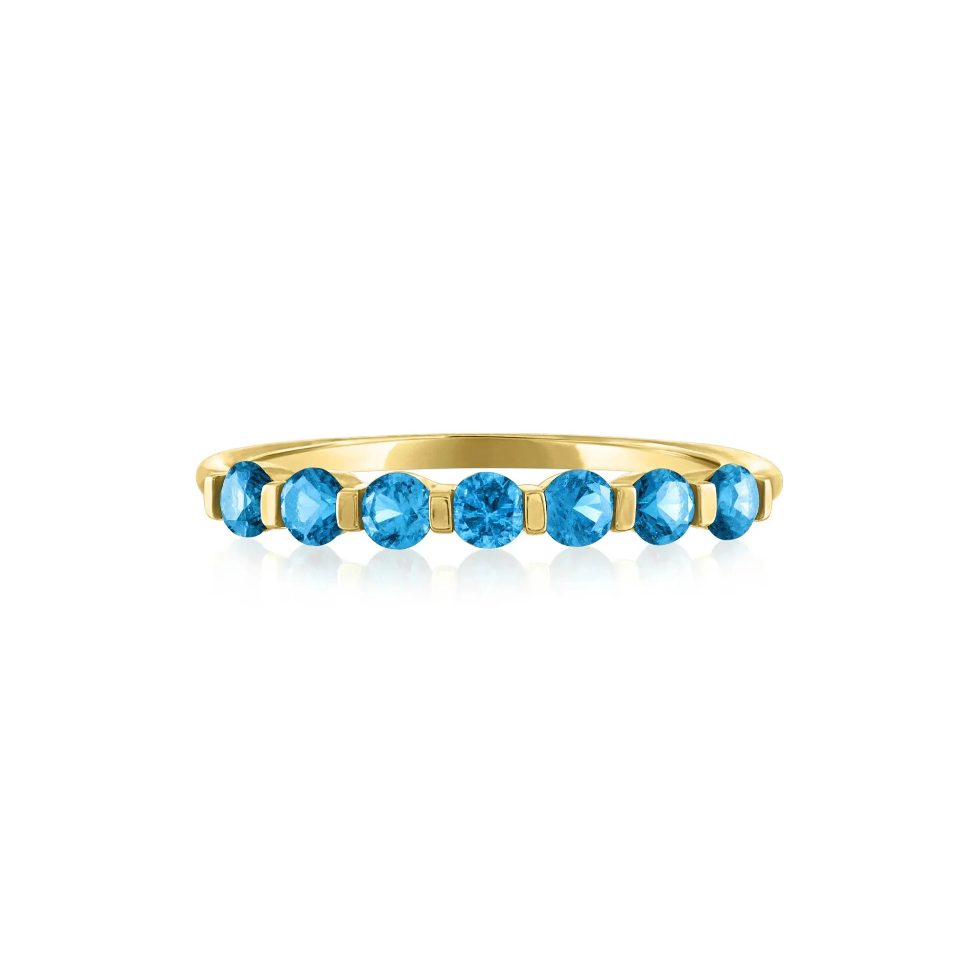 Blue Topaz Shared-Prong Band Ring 10K Yellow Gold Round Brilliant Cut Size 6.5 1mm