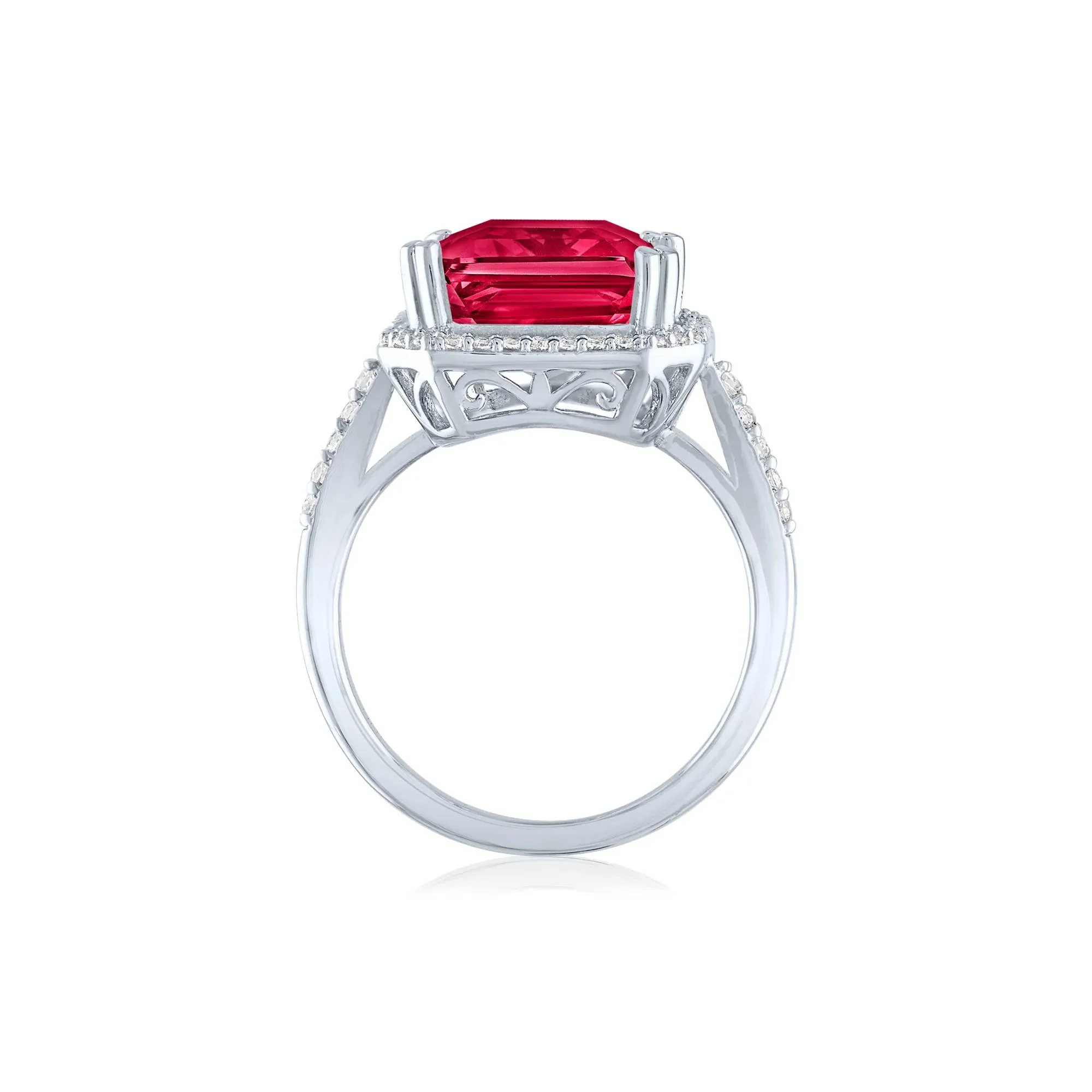 Lab-Created Ruby and Lab-Created White Sapphire Halo Cocktail Ring .925 Sterling Silver Size 6 1mm - Image 2