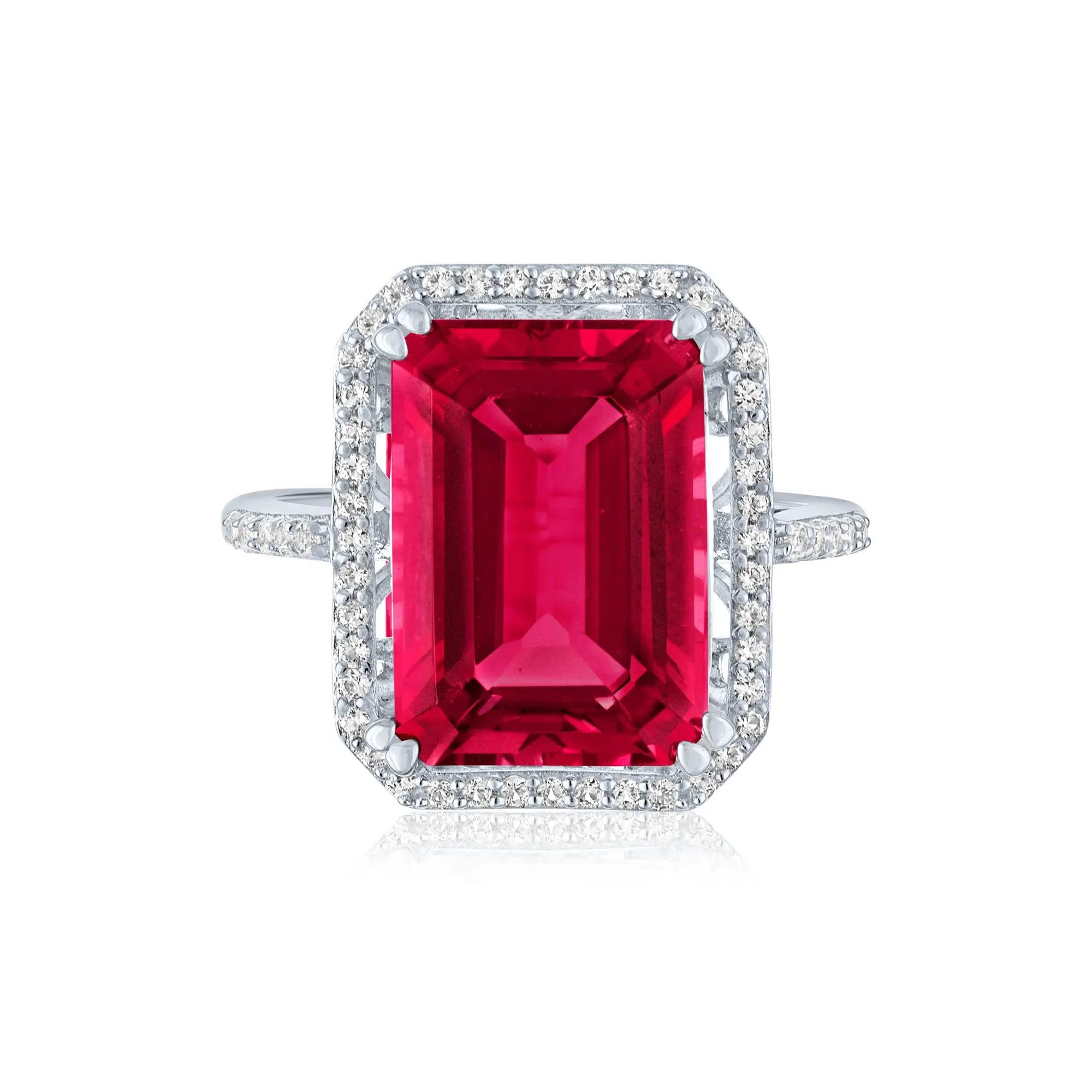 Lab-Created Ruby and Lab-Created White Sapphire Halo Cocktail Ring .925 Sterling Silver Size 8.5 1mm