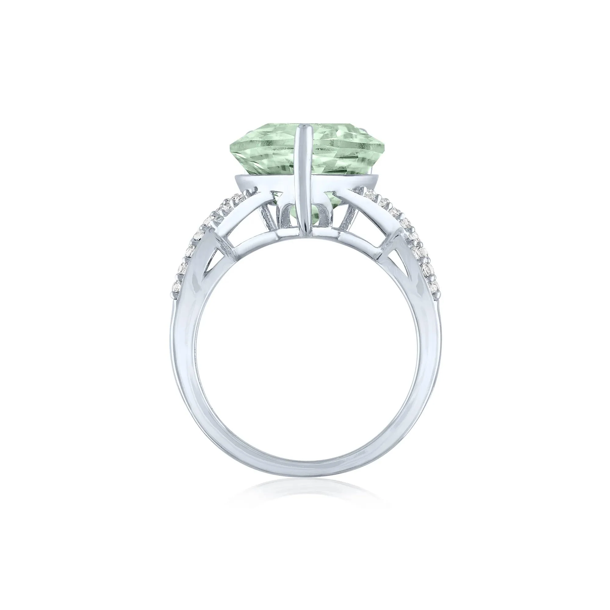 Green Amethyst and Lab-Created White Sapphire Cocktail Ring .925 Sterling Silver Round Brilliant Cut Size 6.5 1mm - Image 2
