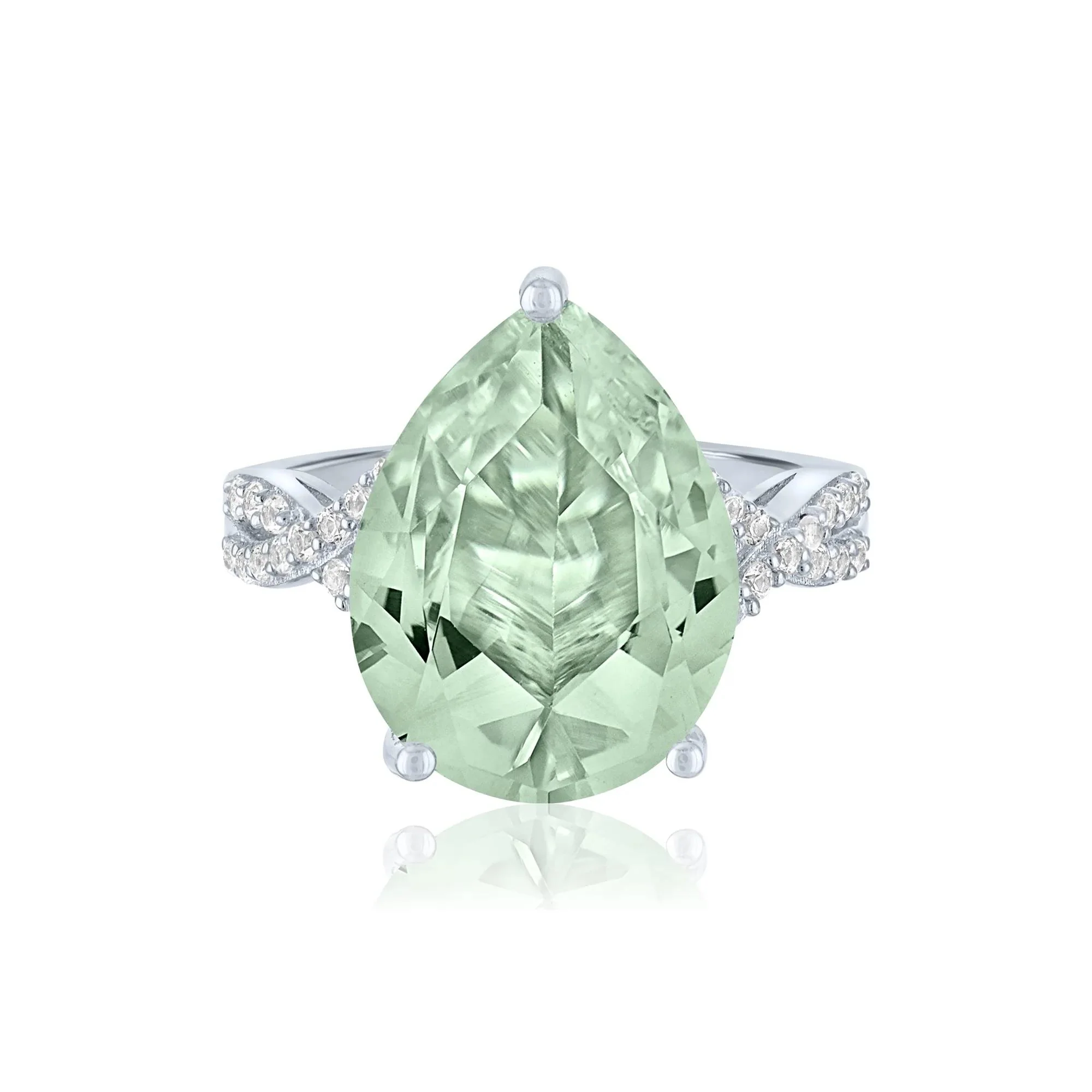 Green Amethyst and Lab-Created White Sapphire Cocktail Ring .925 Sterling Silver Round Brilliant Cut Size 8 1mm