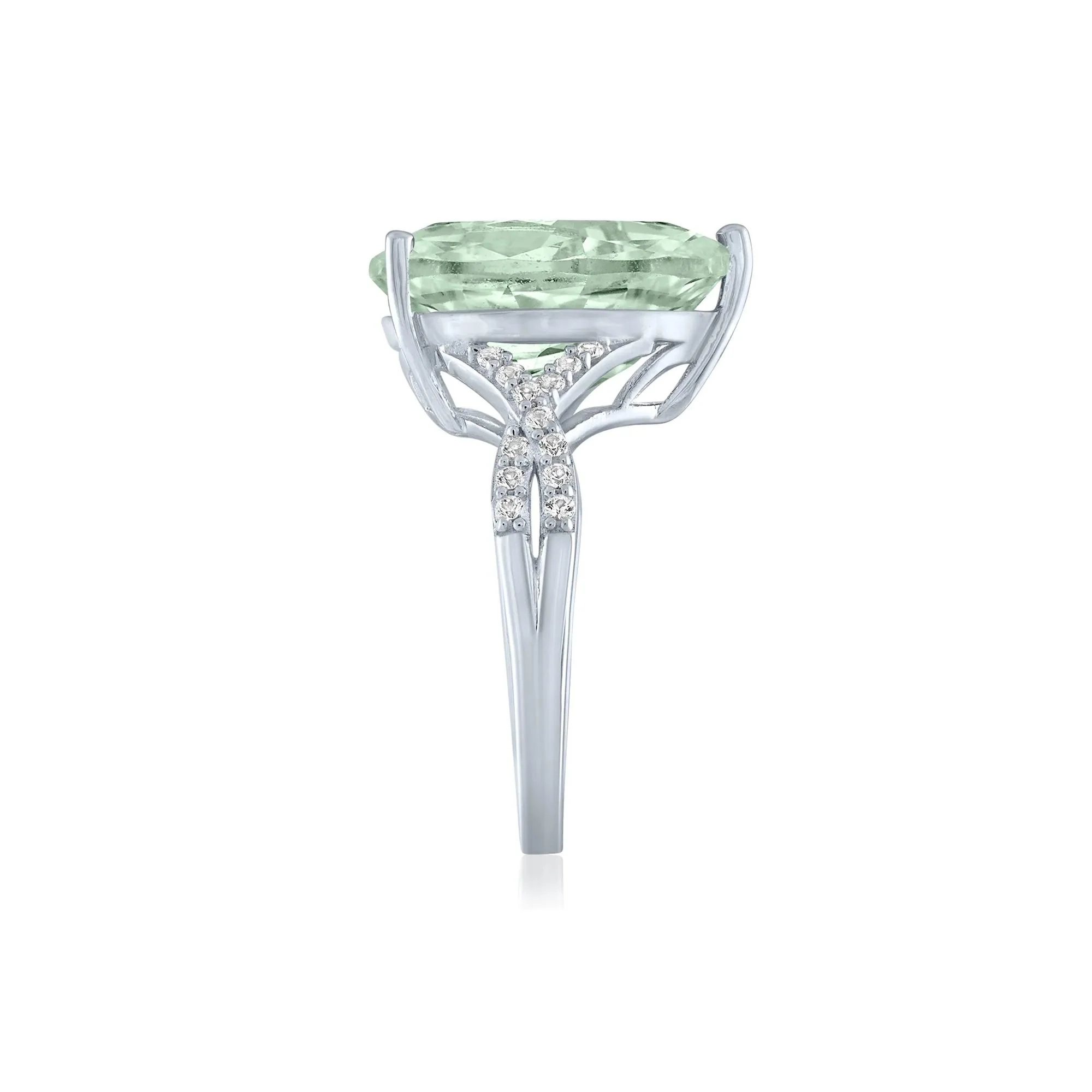 Green Amethyst and Lab-Created White Sapphire Cocktail Ring .925 Sterling Silver Round Brilliant Cut Size 9 1mm - Image 3