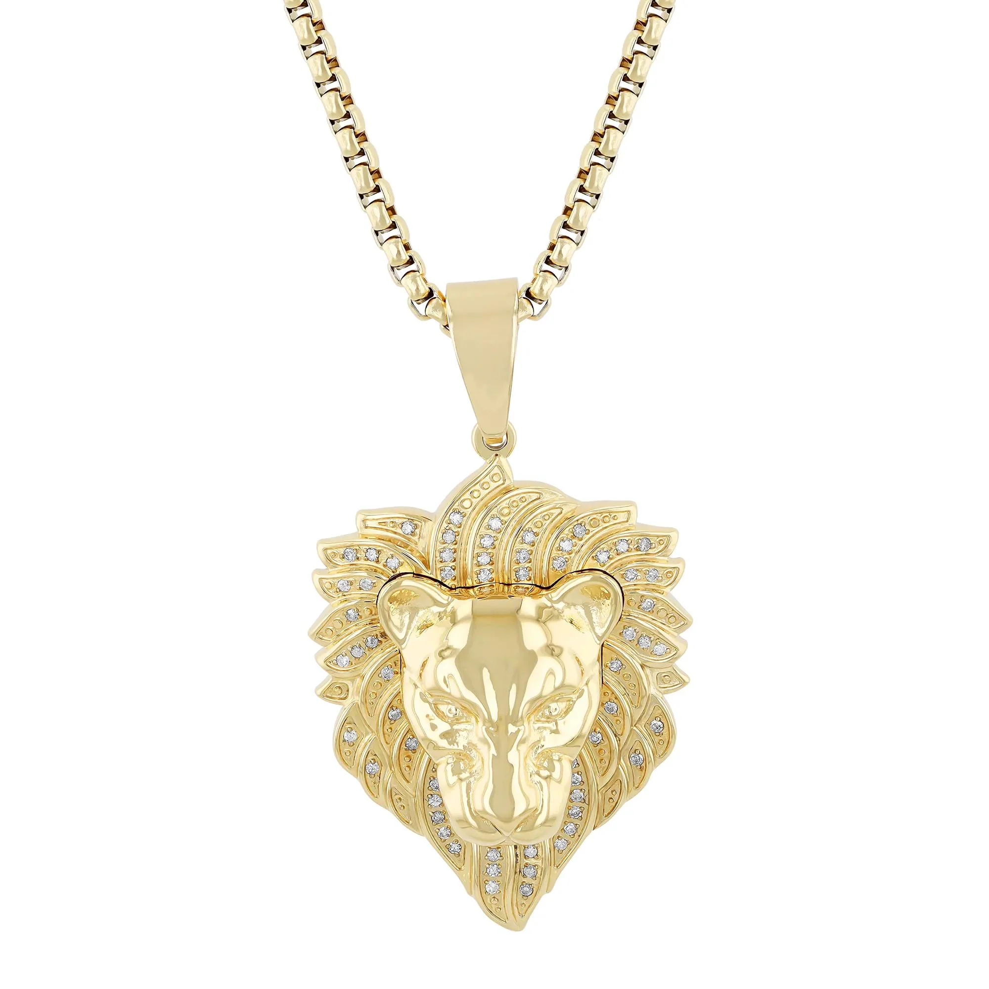1/4 CT. Tw. Diamond Lion Head Pendant Necklace Yellow Gold-Tone Ion-Plated Stainless Steel Size 24"