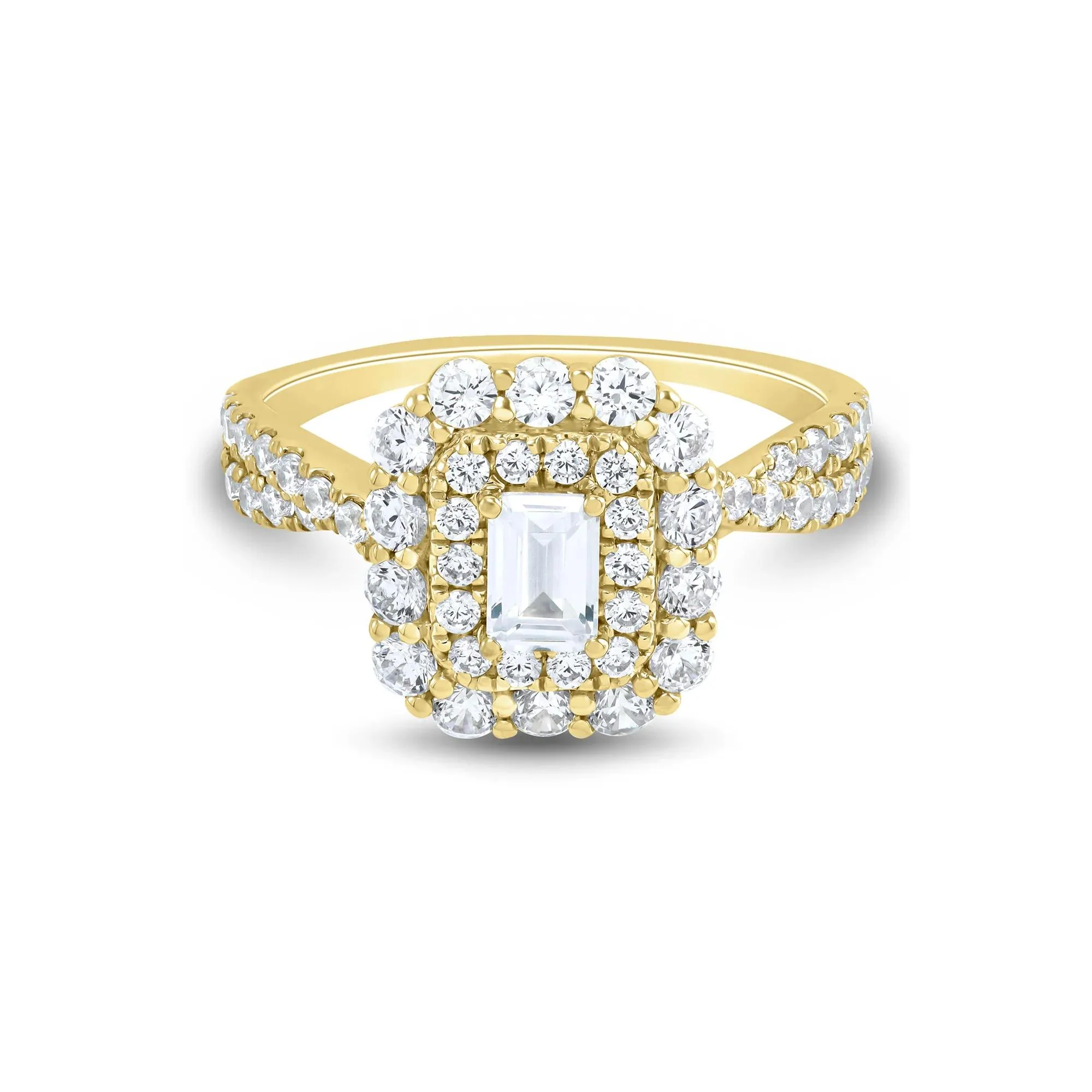 1/2 CT. Tw. Emerald-Cut Diamond Halo Engagement Ring 14K Yellow Gold Round Brilliant Cut Size 6 1mm