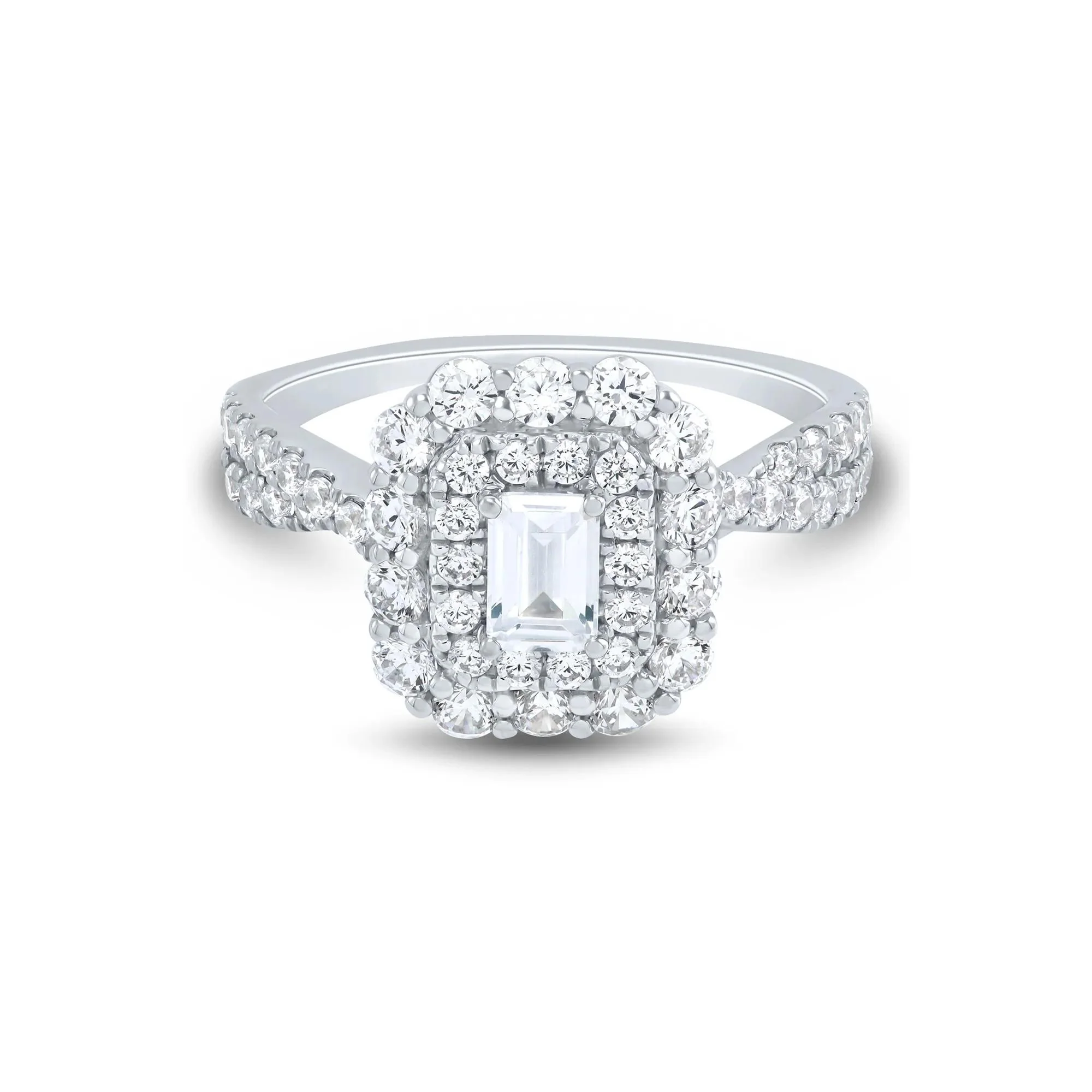 1/2 CT. Tw. Emerald-Cut Diamond Halo Engagement Ring 14K White Gold Round Brilliant Cut Size 6 1mm