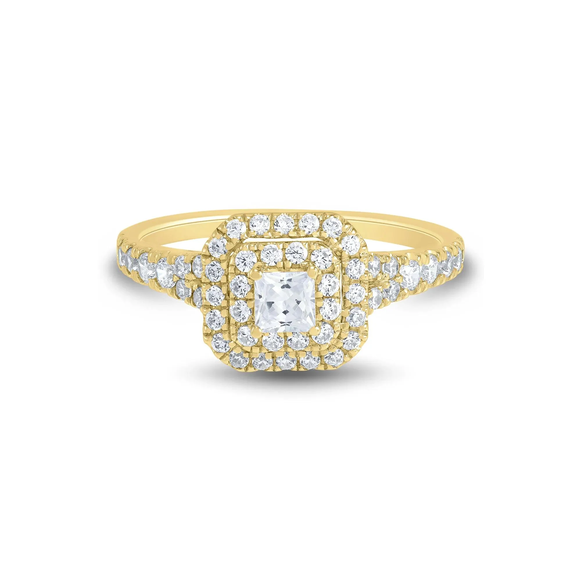 3/4 CT. Tw. Princess-Cut Double Halo Engagement Ring 14K Yellow Gold Round Brilliant Cut Size 7 1mm