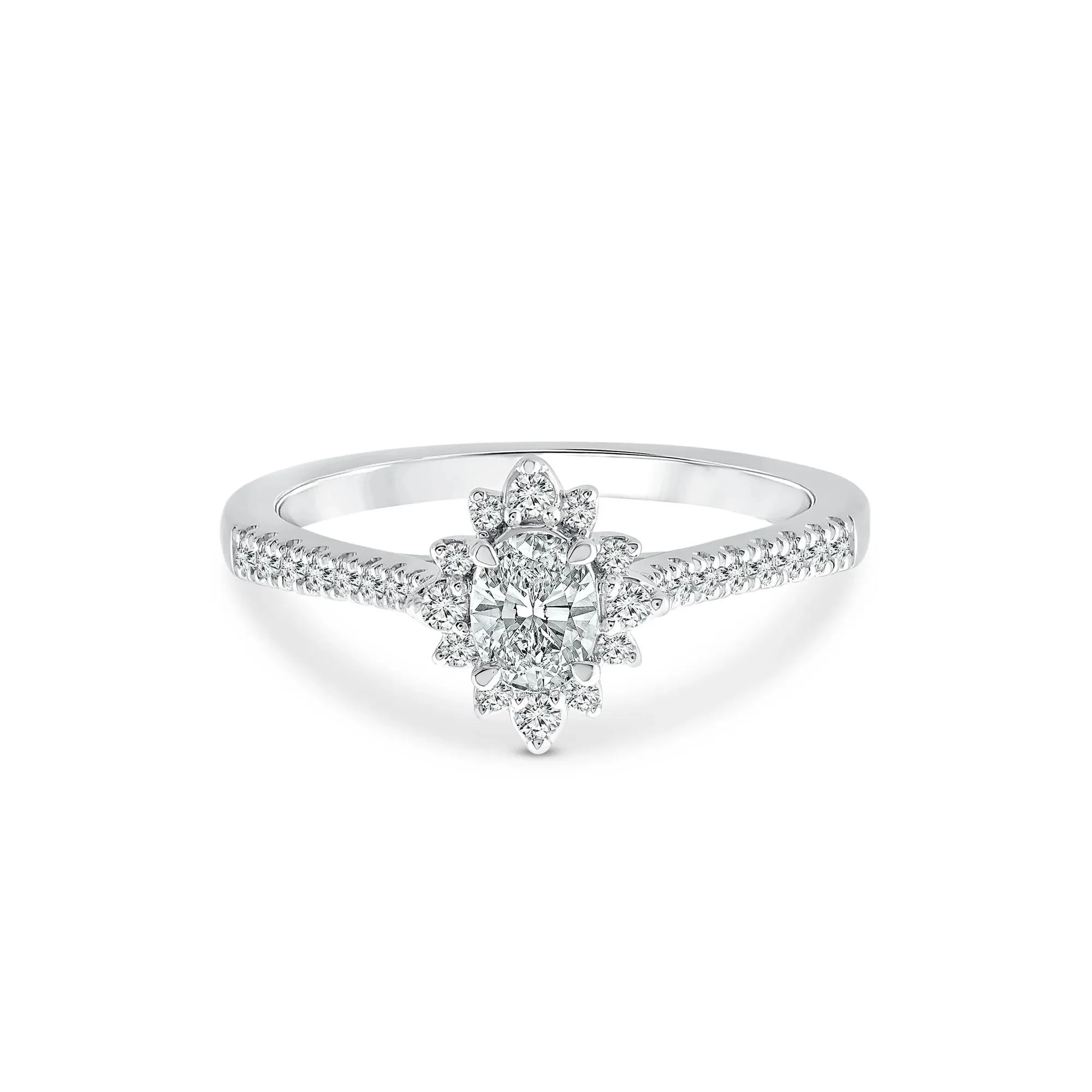 1/2 CT. Tw. Oval Burst Halo Engagement Ring 14K White Gold Round Brilliant Cut Size 6 1mm