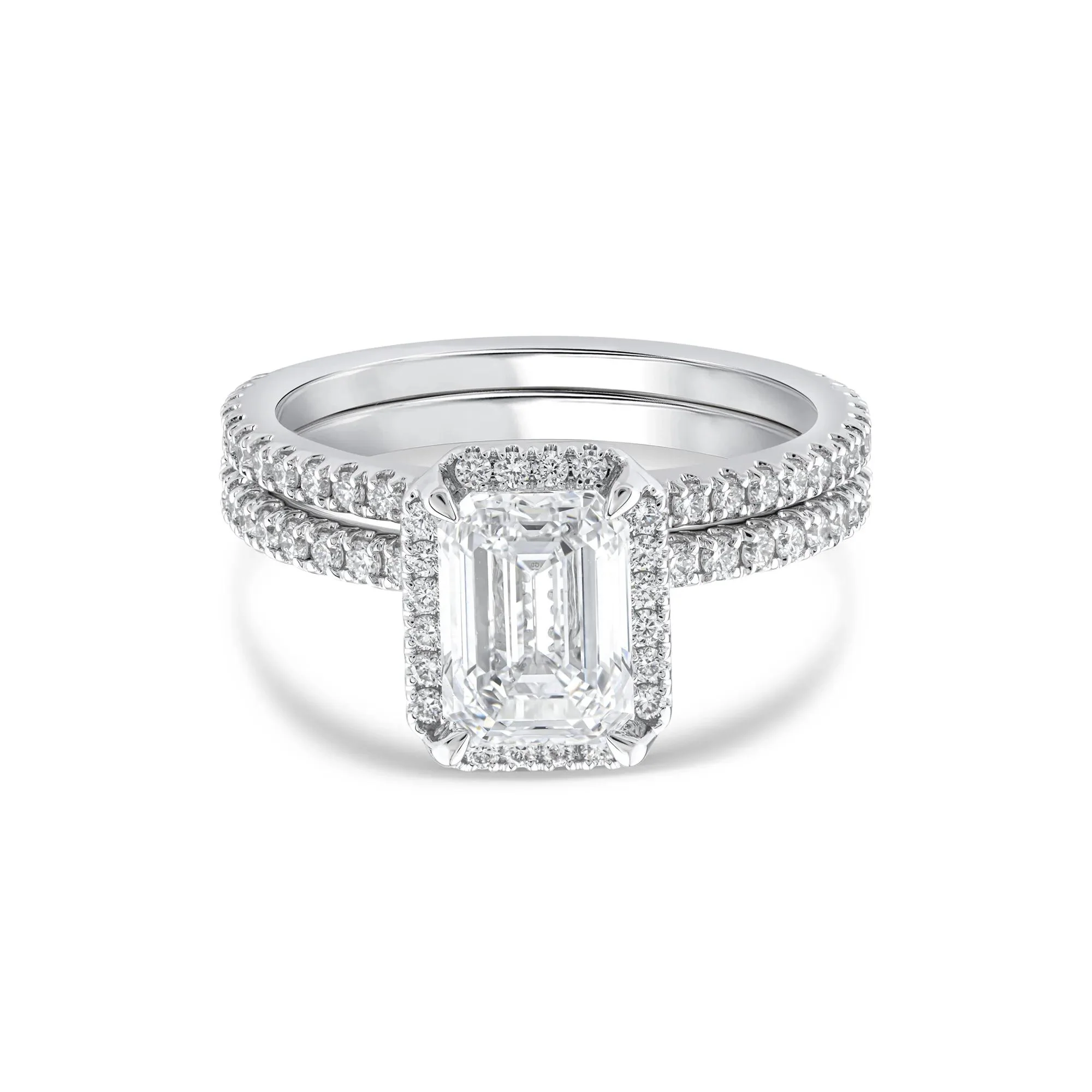 2 3/4 CT. Tw. Lab Grown Diamond Emerald-Cut Halo Bridal Set 14K White Gold Ring Round Brilliant Cut Size 9 1mm