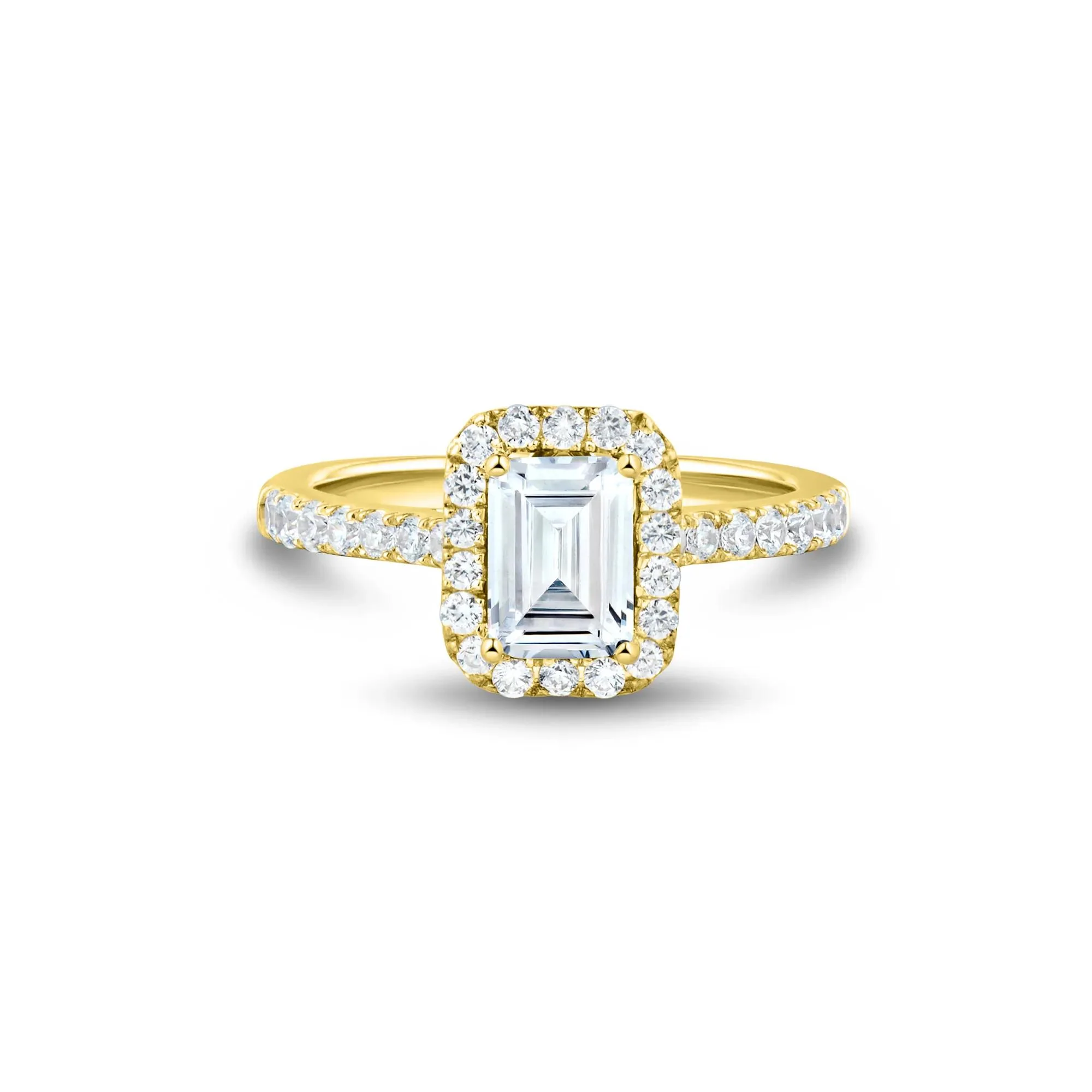 1/2 CT. Tw. Lab Grown Diamond Emerald-Cut Halo Engagement Ring 14K Yellow Gold Round Brilliant Cut Size 6 1mm