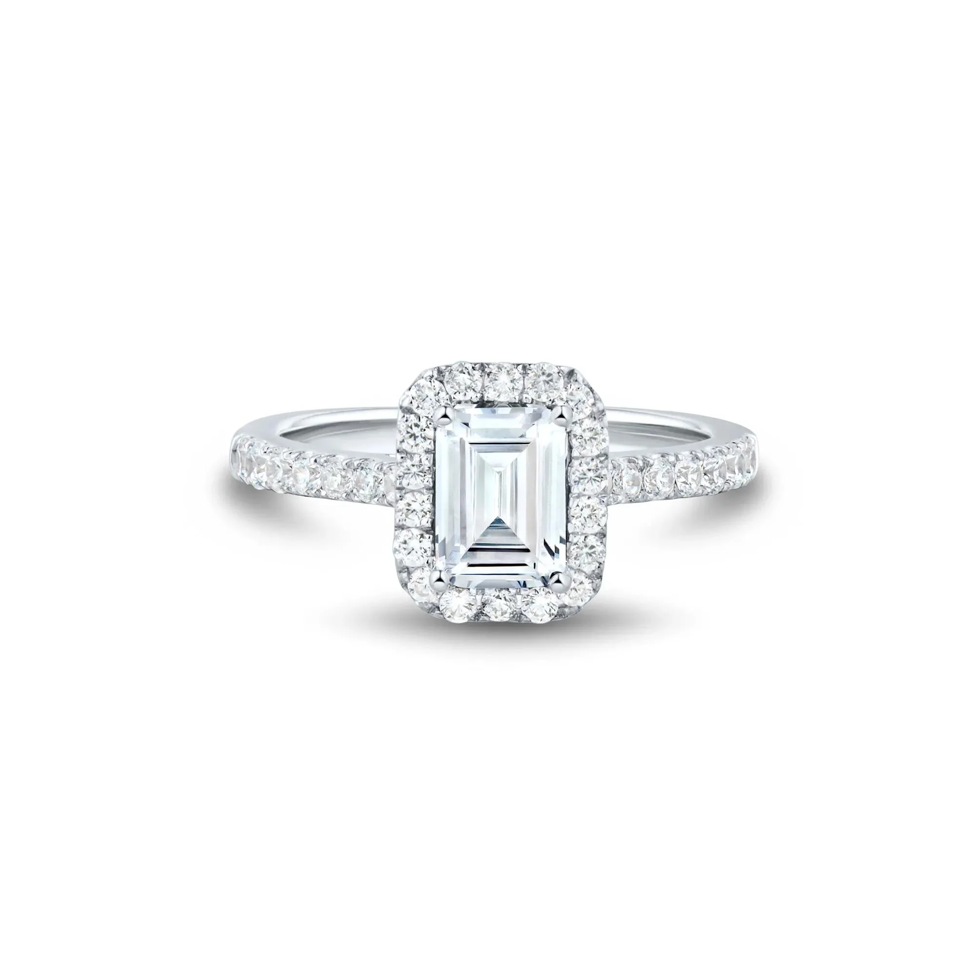 1/2 CT. Tw. Lab Grown Diamond Emerald-Cut Halo Engagement Ring 14K White Gold Round Brilliant Cut Size 6.5 1mm