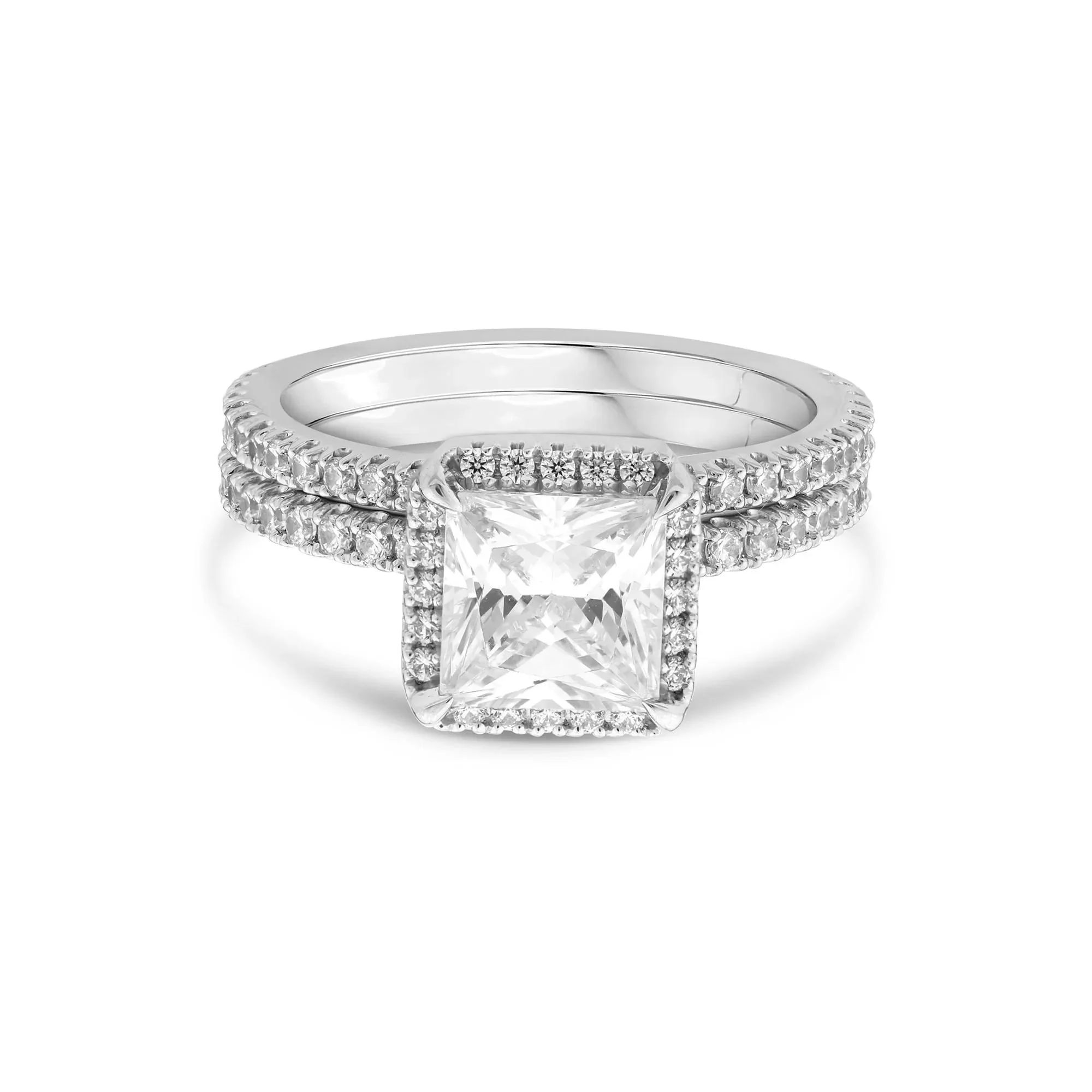 2 3/4 CT. Tw. Lab Grown Diamond Princess-Cut Halo Bridal Set 14K White Gold Ring Round Brilliant Cut Size 8 1mm