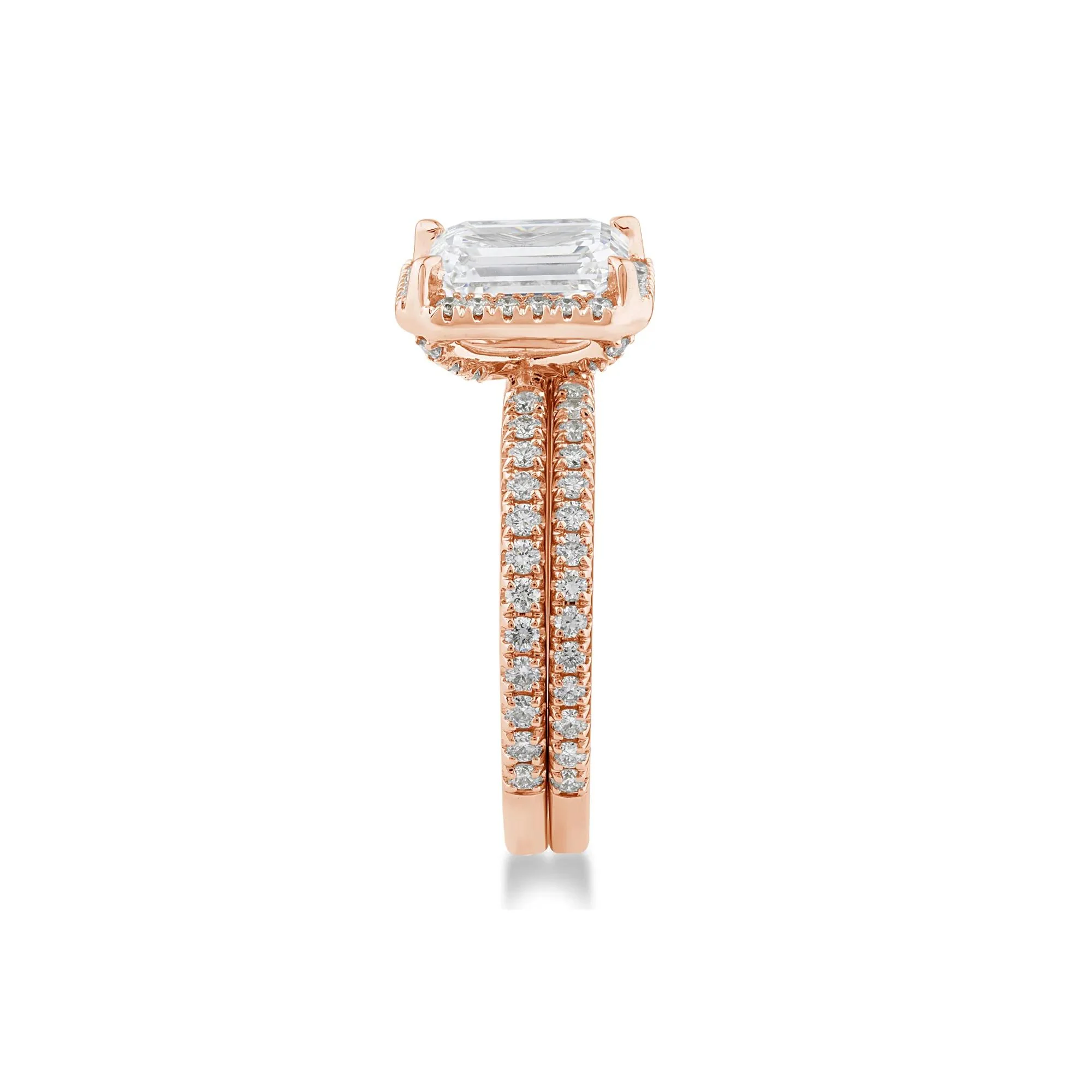 2 3/4 CT. Tw. Lab Grown Diamond Emerald-Cut Halo Bridal Set 14K Rose Gold Ring Round Brilliant Cut Size 6 1mm - Image 3