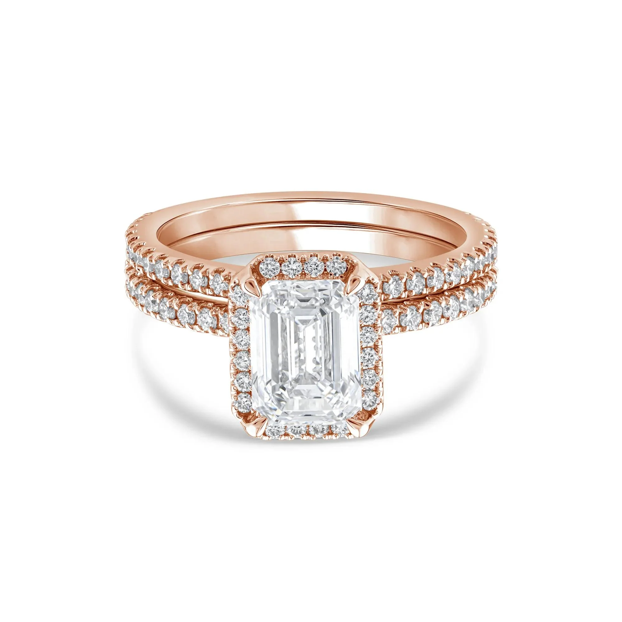 2 3/4 CT. Tw. Lab Grown Diamond Emerald-Cut Halo Bridal Set 14K Rose Gold Ring Round Brilliant Cut Size 8.5 1mm