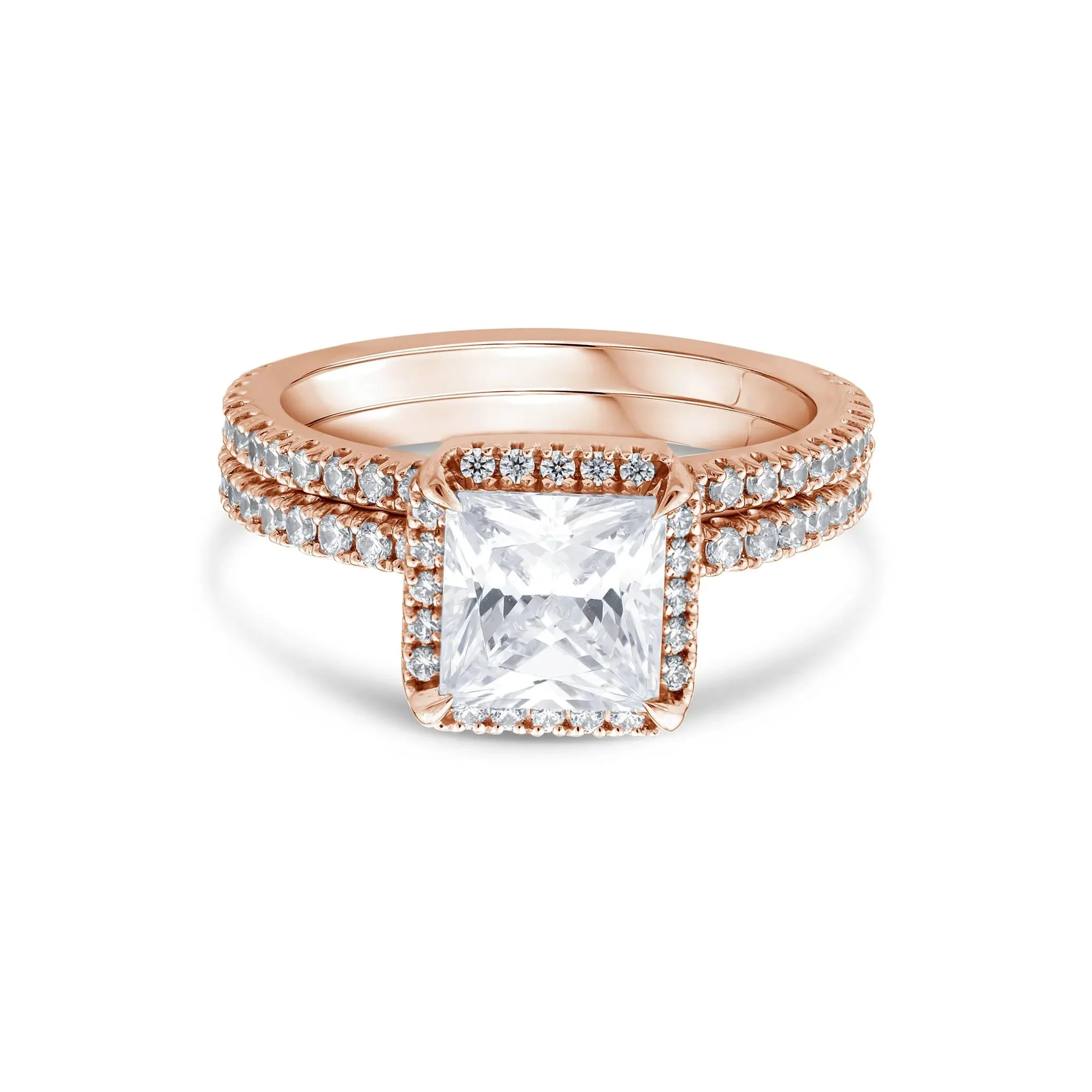 2 3/4 CT. Tw. Lab Grown Diamond Princess-Cut Halo Bridal Set 14K Rose Gold Ring Round Brilliant Cut Size 6.5 1mm
