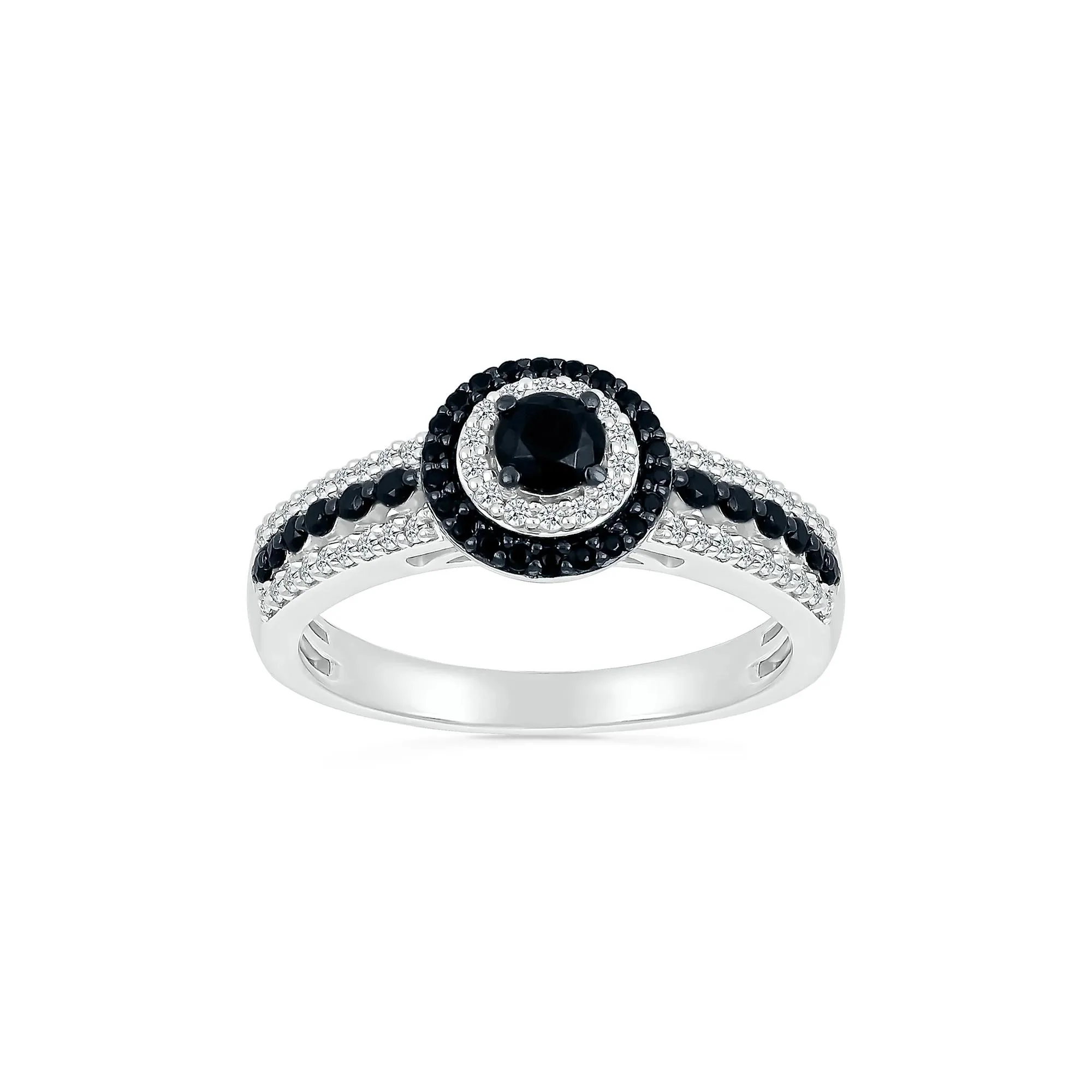 3/4 CT. Tw. Black and White Diamond Double Halo Ring 10K White Gold Size 5