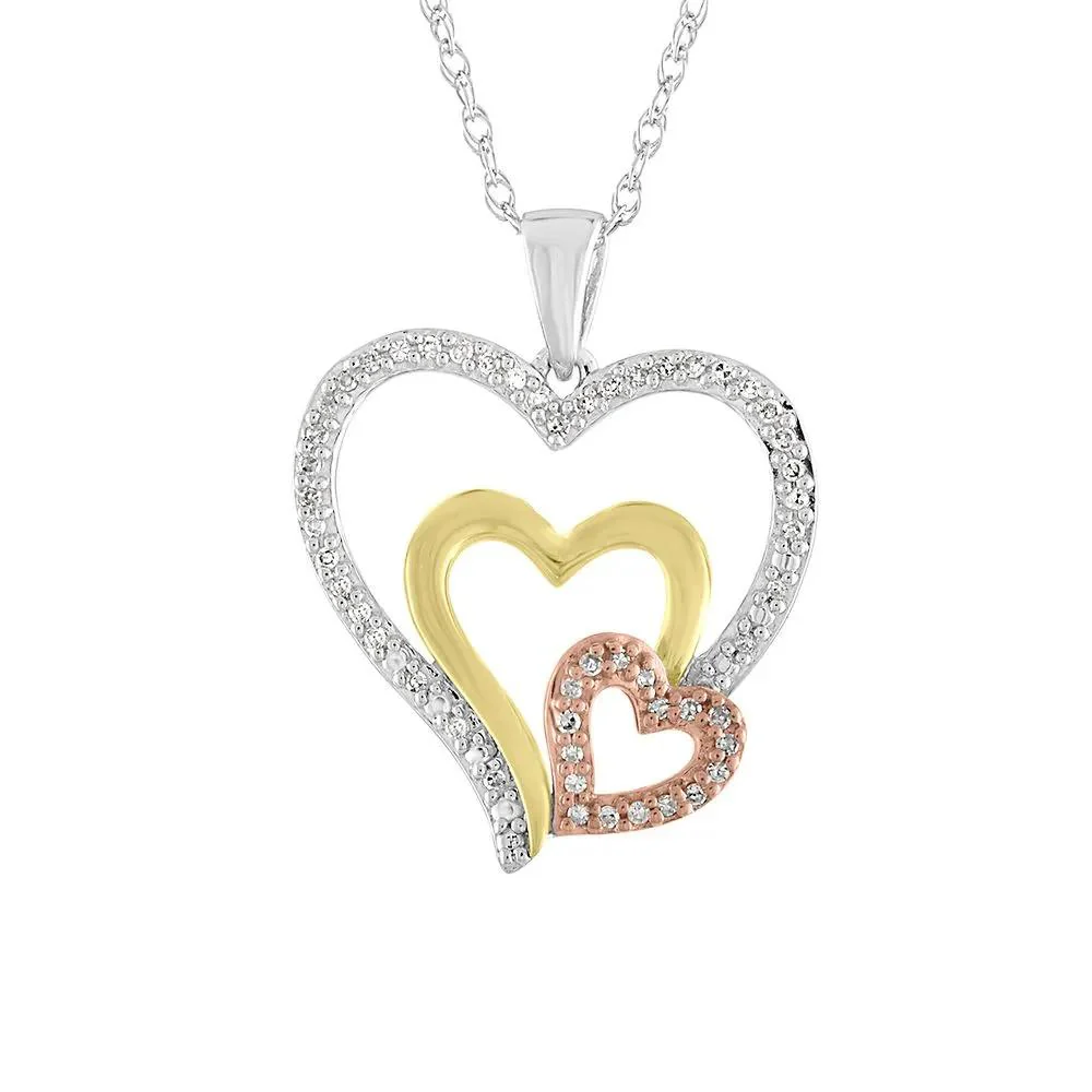 1/8 CT. Tw. Diamond Triple Heart Tricolor Pendant Necklace .925 Sterling Silver & 10K Gold White Size 18"