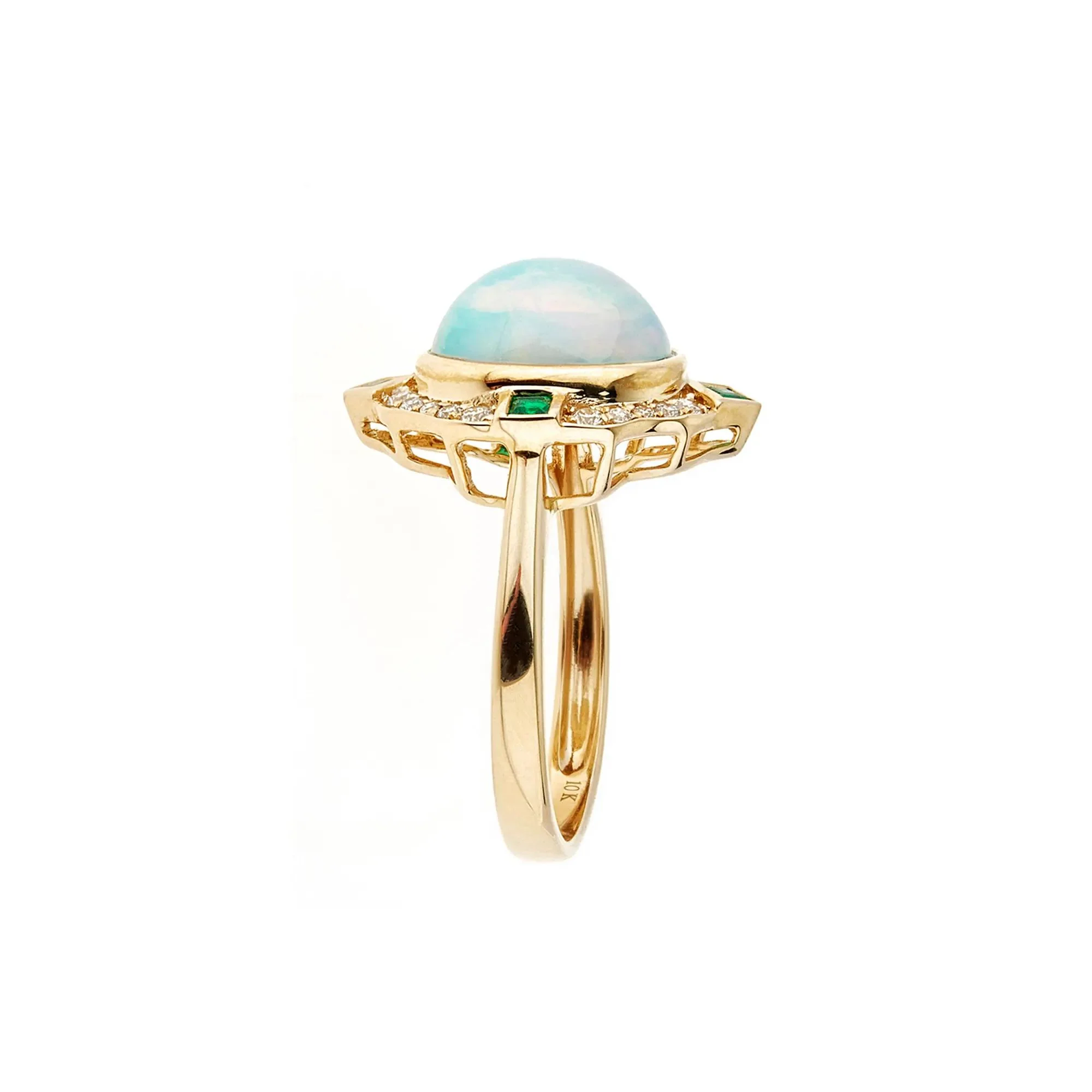 1/5 CT. Tw. Opal Emerald & Diamond Ring 10K Yellow Gold Round Brilliant Cut Size 7.5 - Image 3