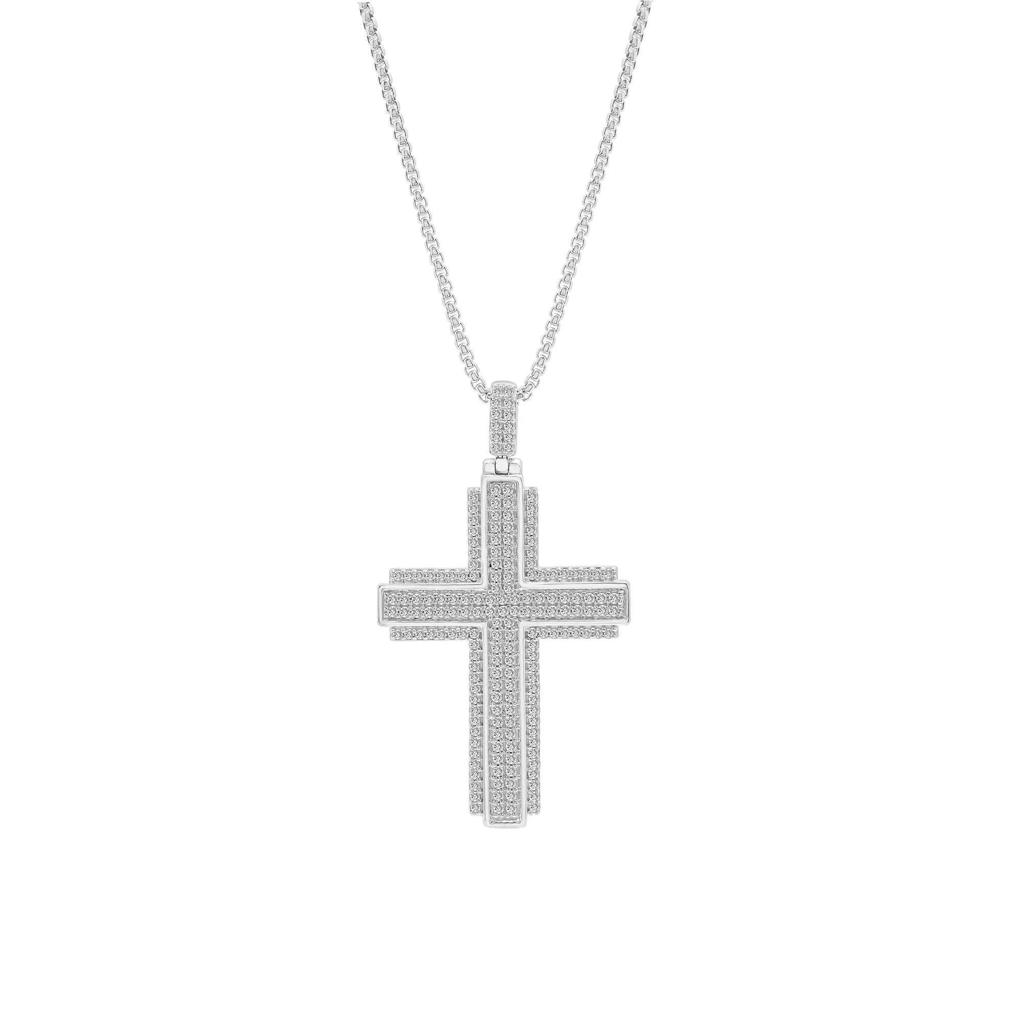 1 CT. Tw. Diamond Cross Pendant Necklace .925 Sterling Silver Gray Size 22"