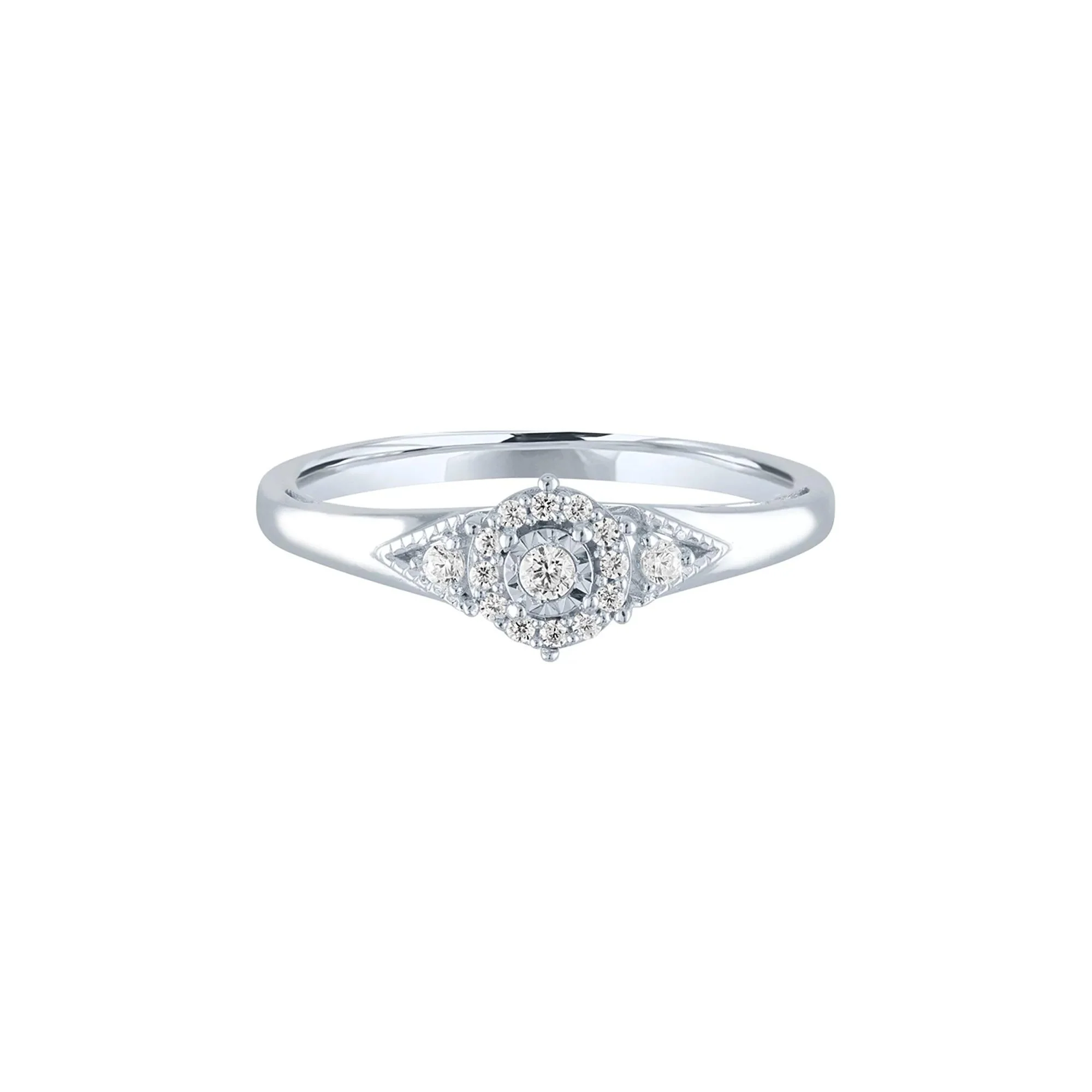 1/8 CT. Tw. Diamond Halo Promise Ring with Side Stones .925 Sterling Silver Round Brilliant Cut White Size 6