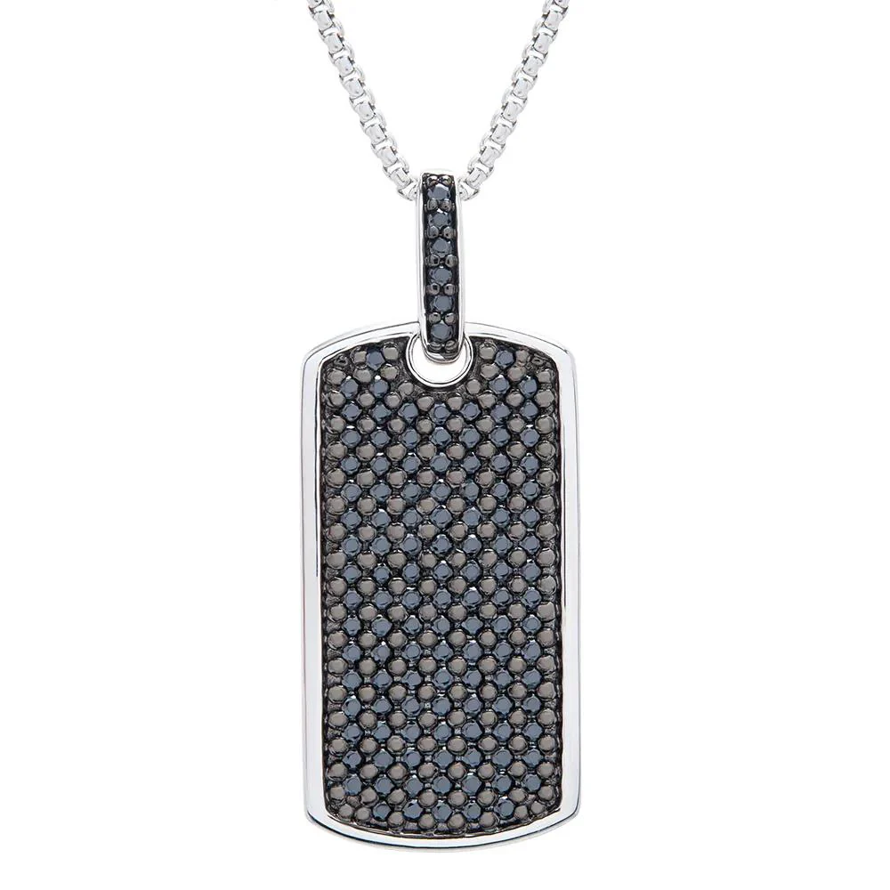 1 CT. Tw. Black Diamond Dog Tag Pendant Necklace .925 Sterling Silver Gray Size 22"
