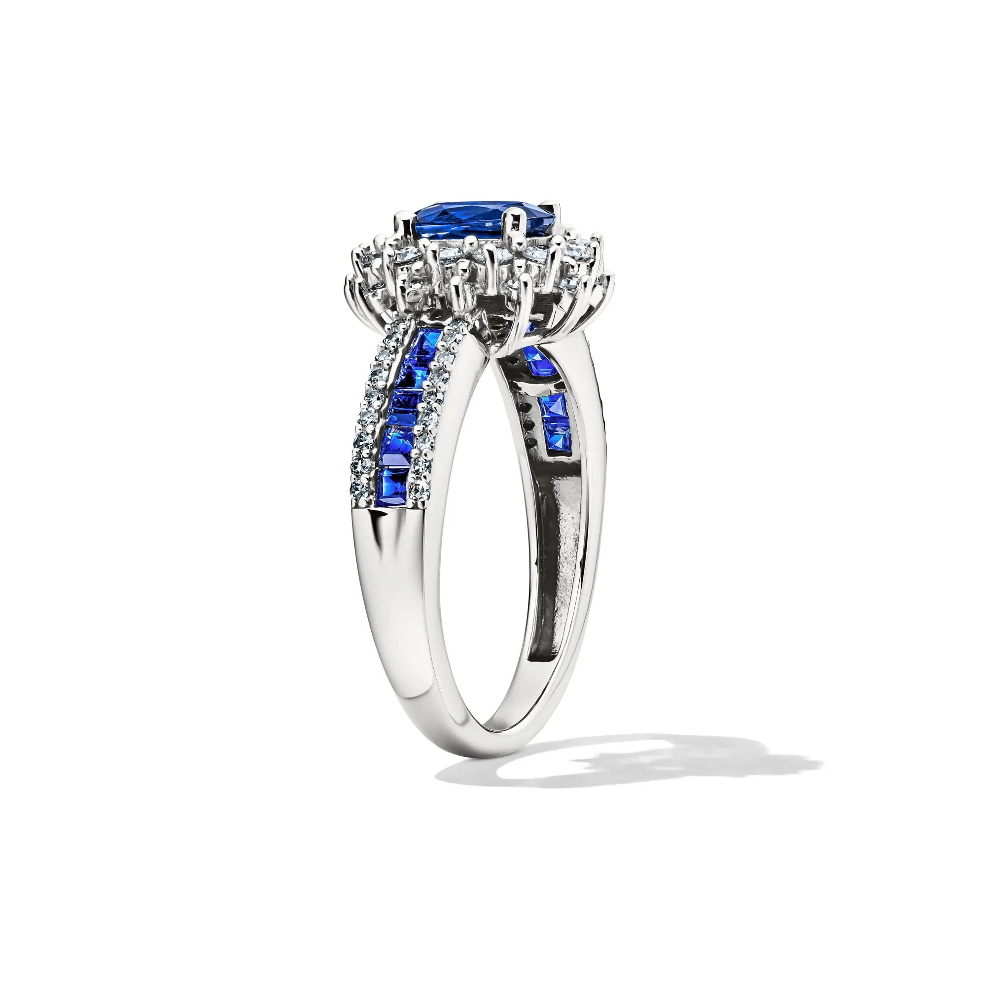 1/2 CT. Tw. Blue Sapphire & Diamond Halo Ring 14K White Gold Size 7 - Image 3
