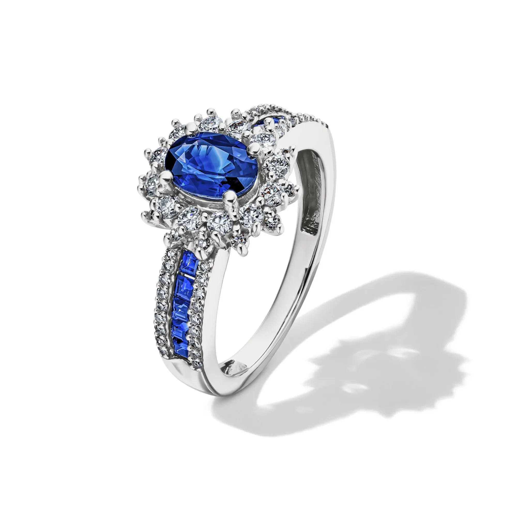 1/2 CT. Tw. Blue Sapphire & Diamond Halo Ring 14K White Gold Size 7 - Image 4
