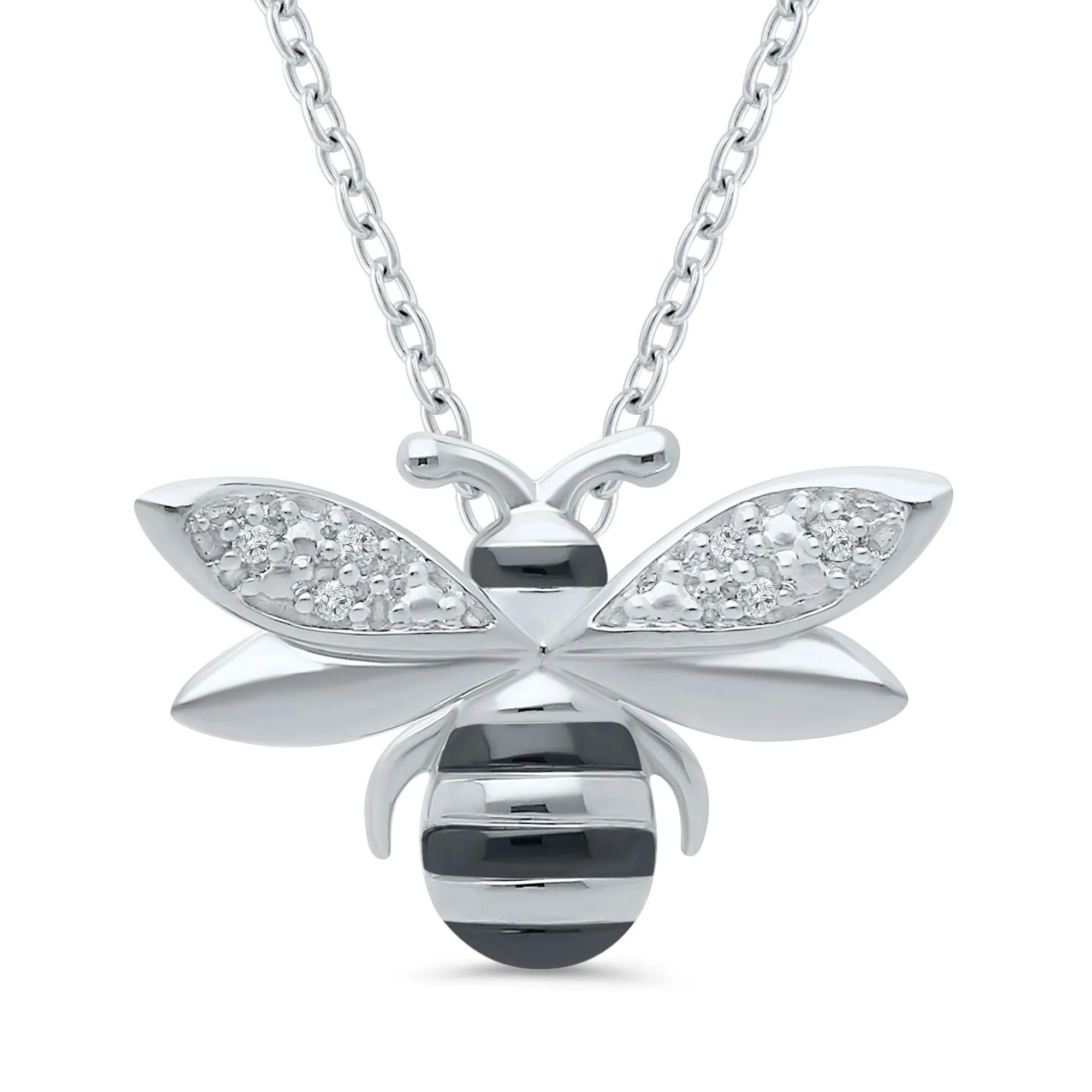 Bee Pendant Necklace with Diamond Accents .925 Sterling Silver White Size 18"