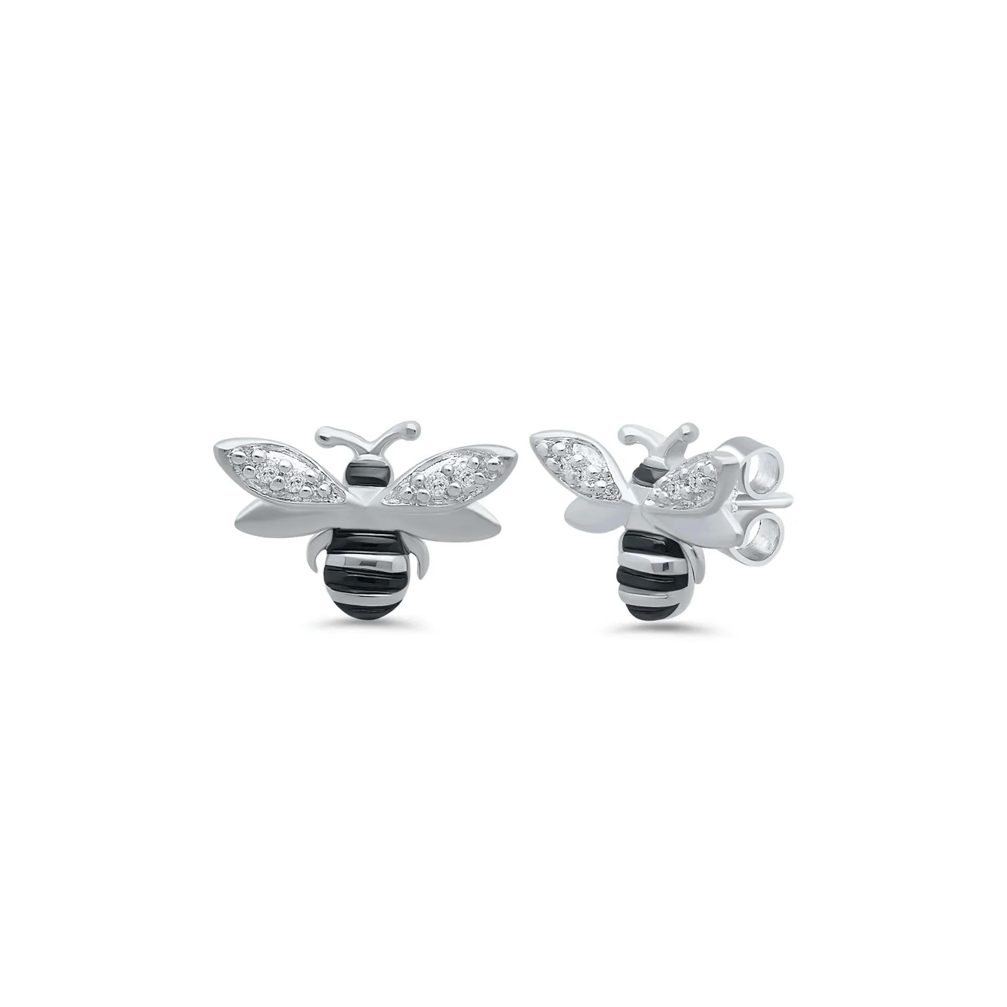 Bee Stud Earrings with Diamond Accents .925 Sterling Silver White Size 10.00mm