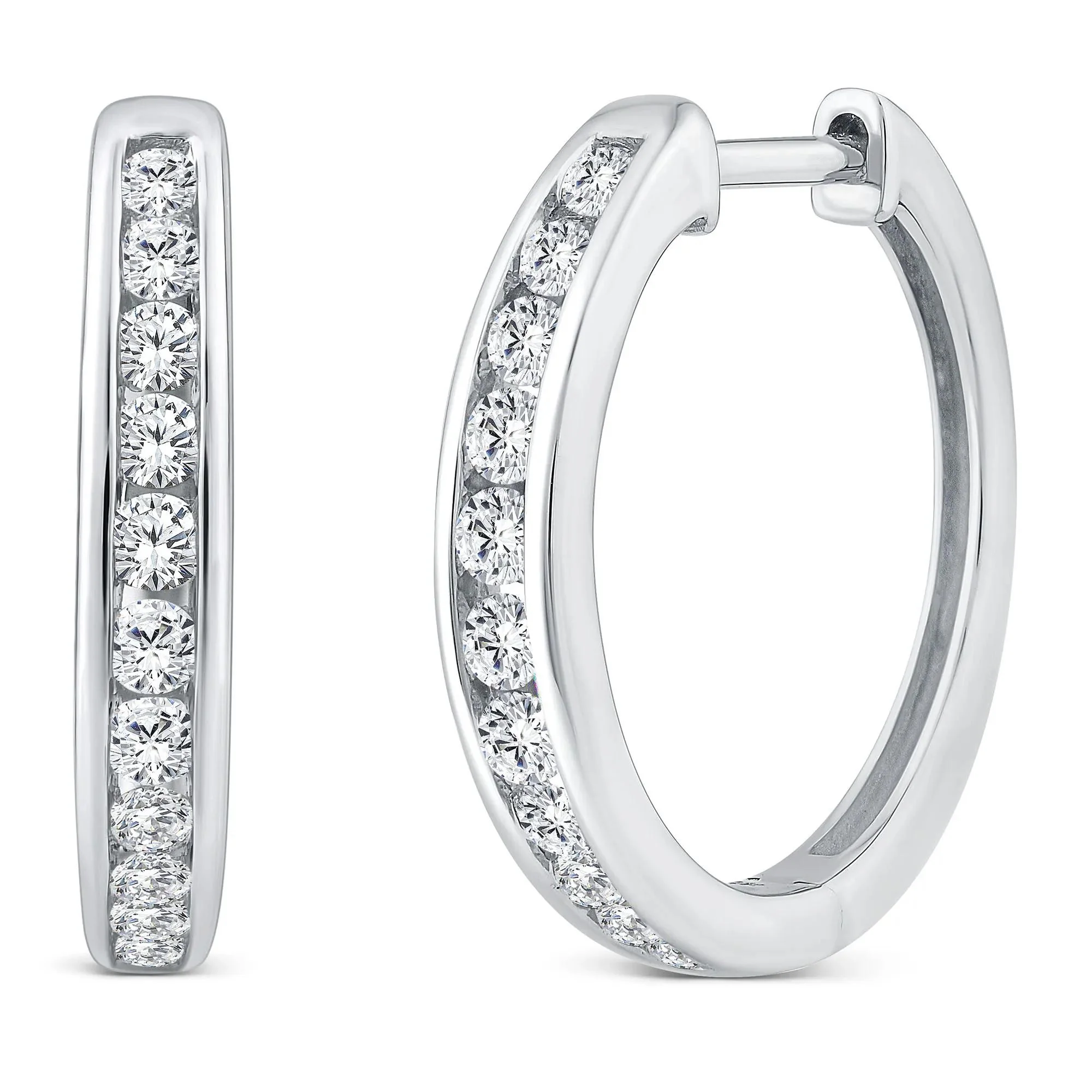 1/2 CT. Tw. Diamond Channel-Set Hoop Earrings 10K White Gold Size 13.50mm