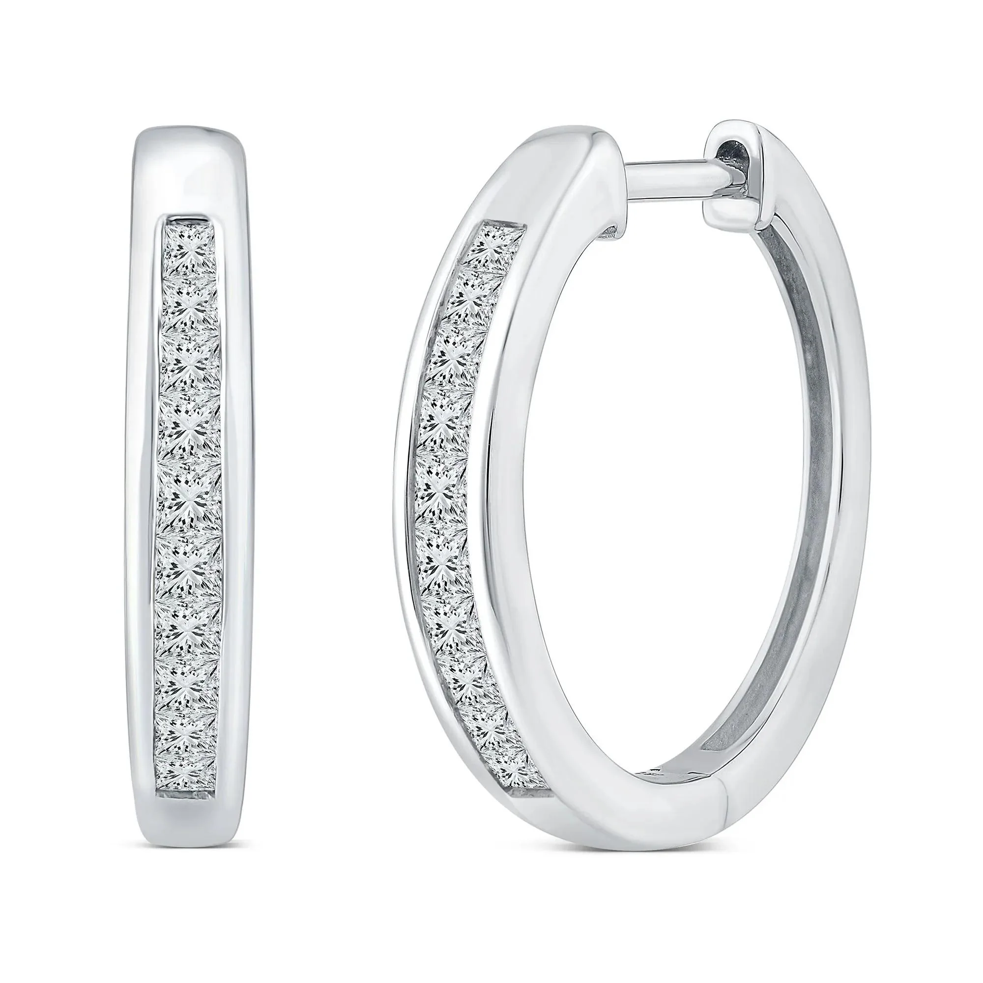 1/2 CT. Tw. Diamond Channel-Set Hoop Earrings 10K White Gold Size 13.50mm