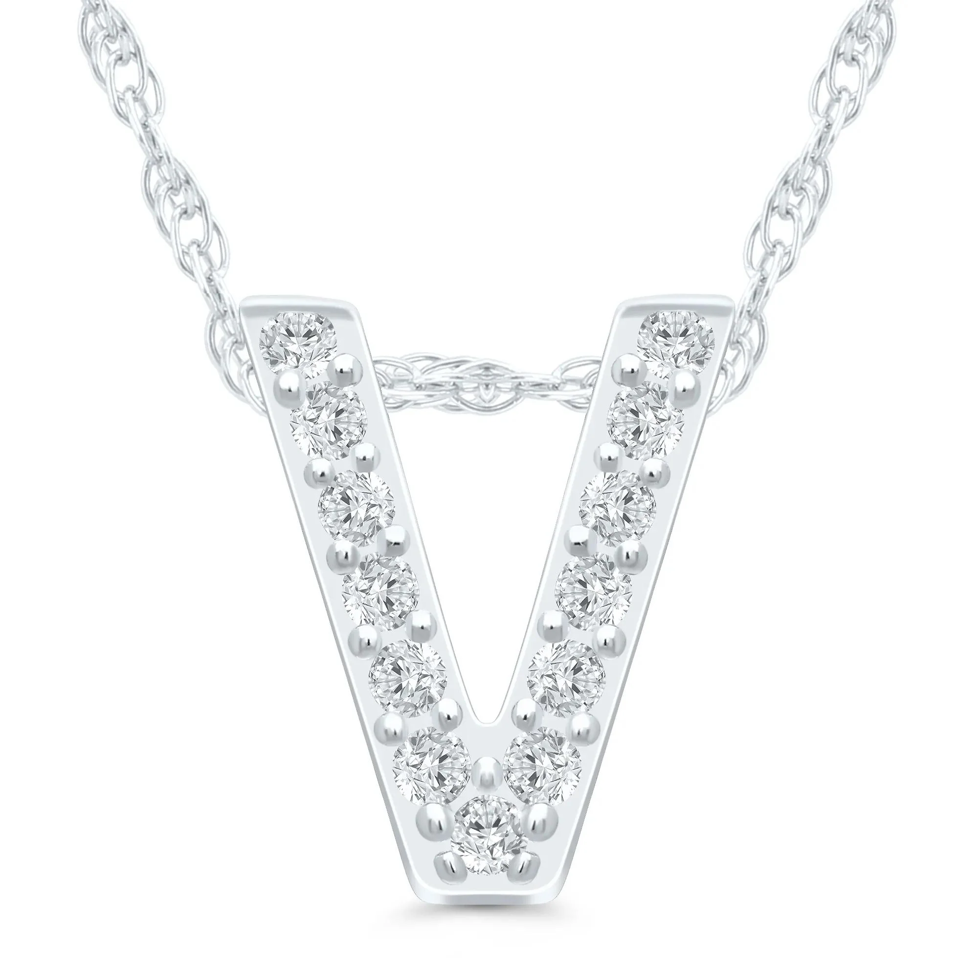 Diamond Accent Initial V Pendant Necklace 10K White Gold Size 18"