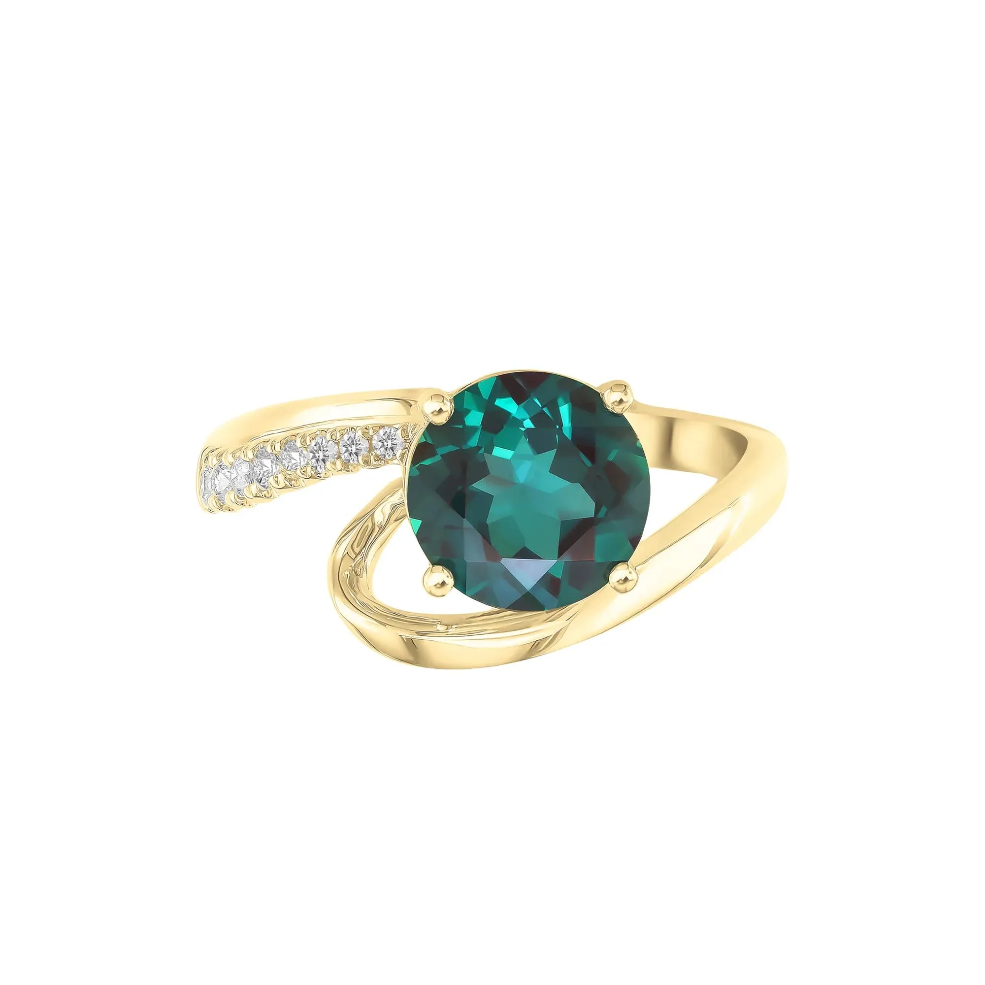 Lab-Created Alexandrite and Diamond Ring 10K Yellow Gold Round Brilliant Cut Size 7.5 1mm
