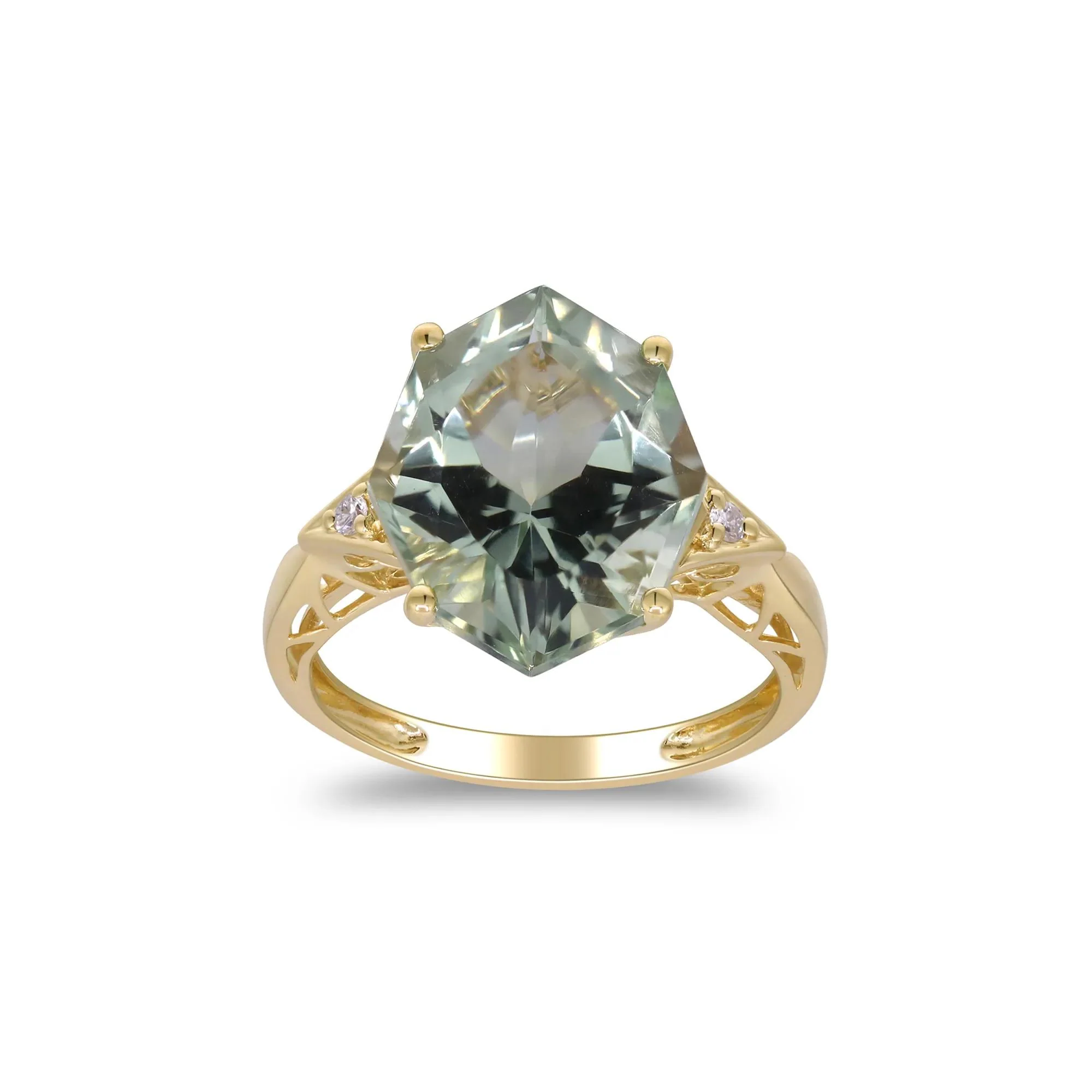 Green Amethyst and Diamond Accent Ring 10K Yellow Gold Round Brilliant Cut Size 5 2mm