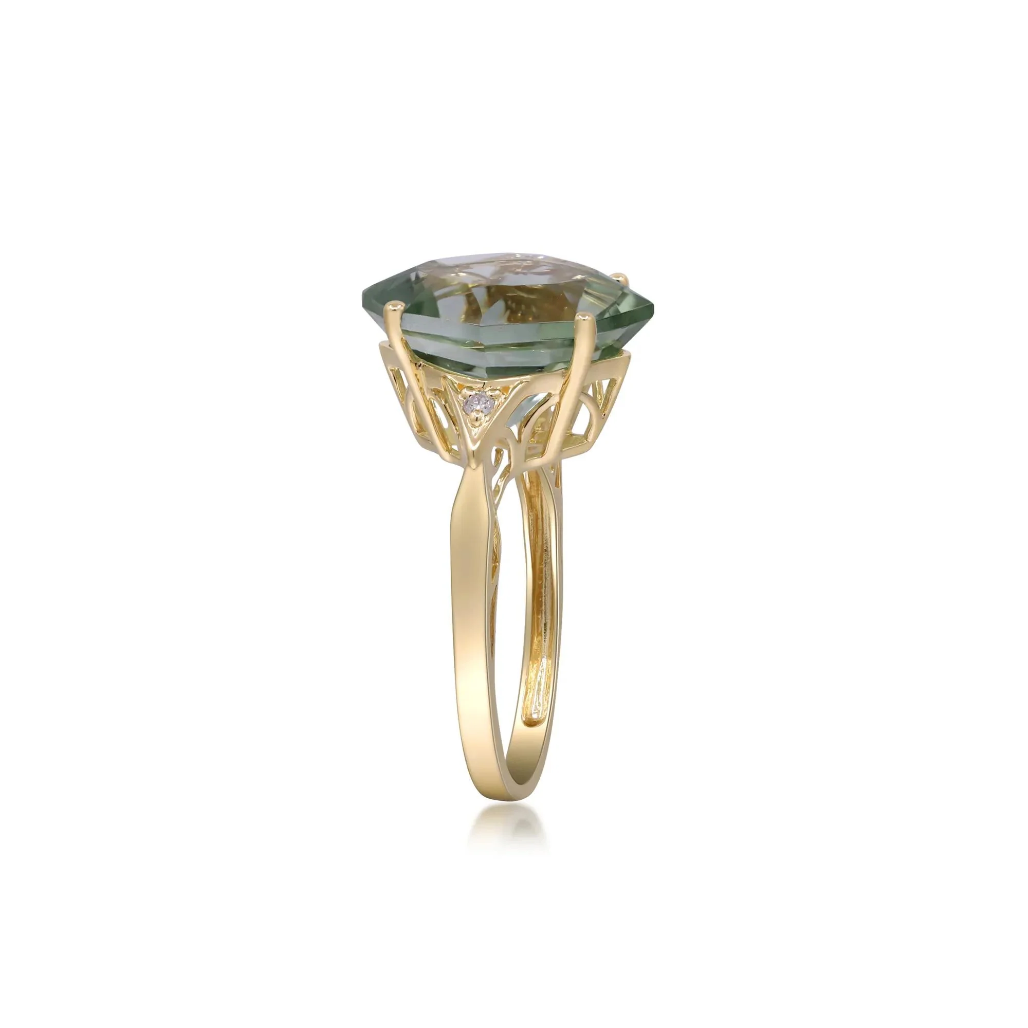 Green Amethyst and Diamond Accent Ring 10K Yellow Gold Round Brilliant Cut Size 7 2mm - Image 3