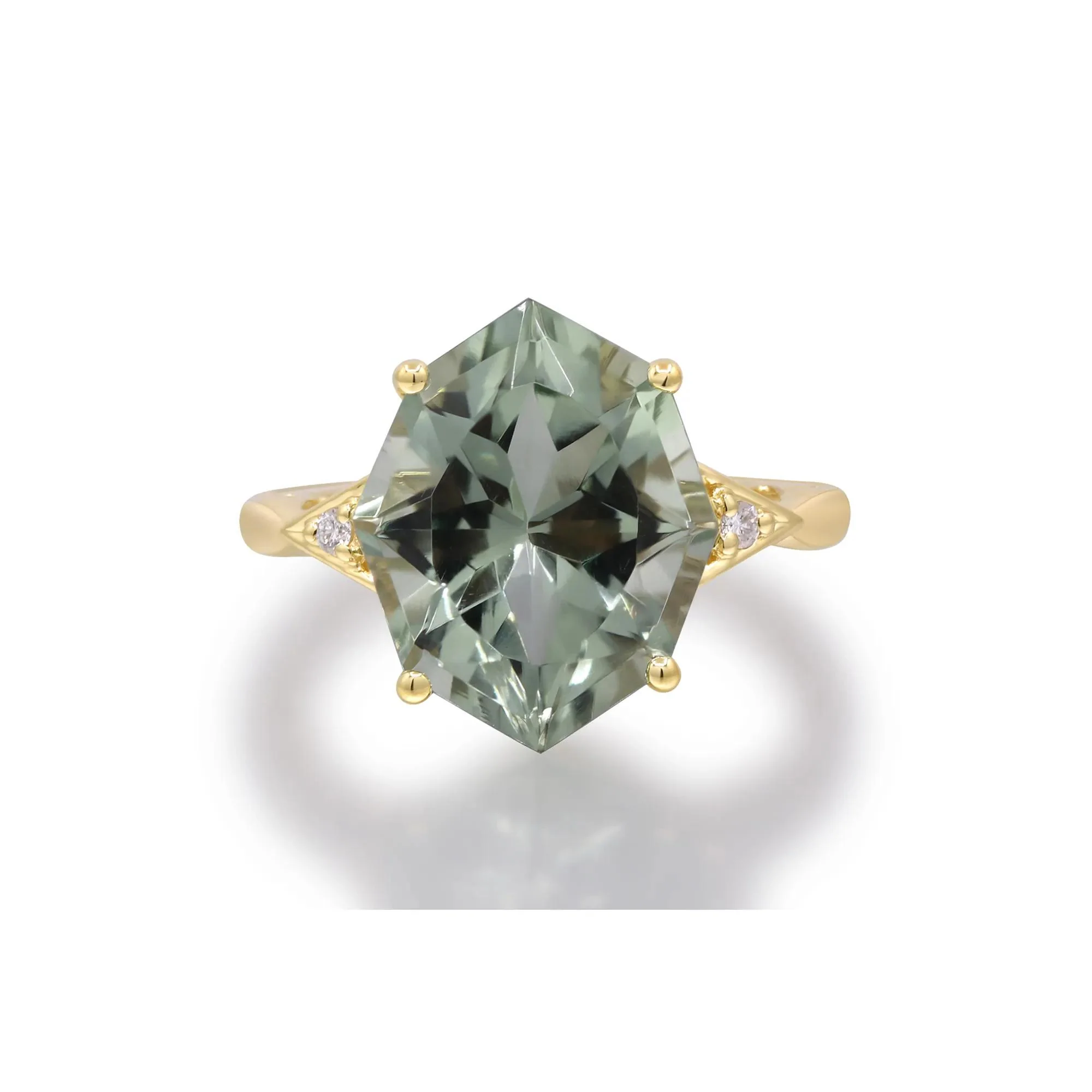 Green Amethyst and Diamond Accent Ring 10K Yellow Gold Round Brilliant Cut Size 7 2mm - Image 4