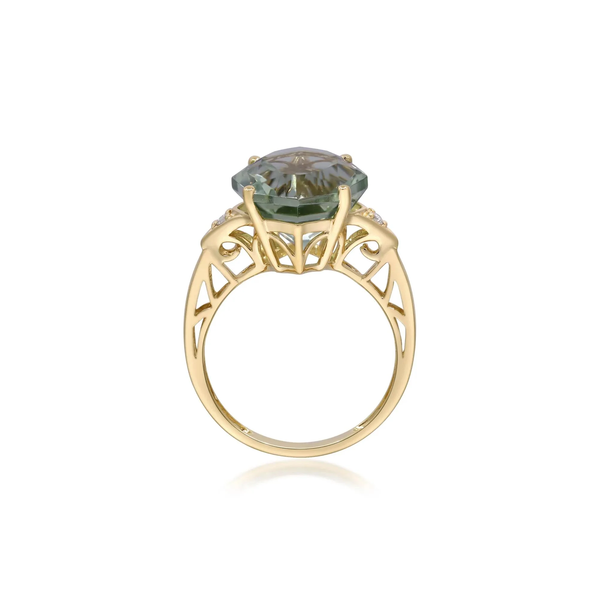 Green Amethyst and Diamond Accent Ring 10K Yellow Gold Round Brilliant Cut Size 7.5 2mm - Image 2