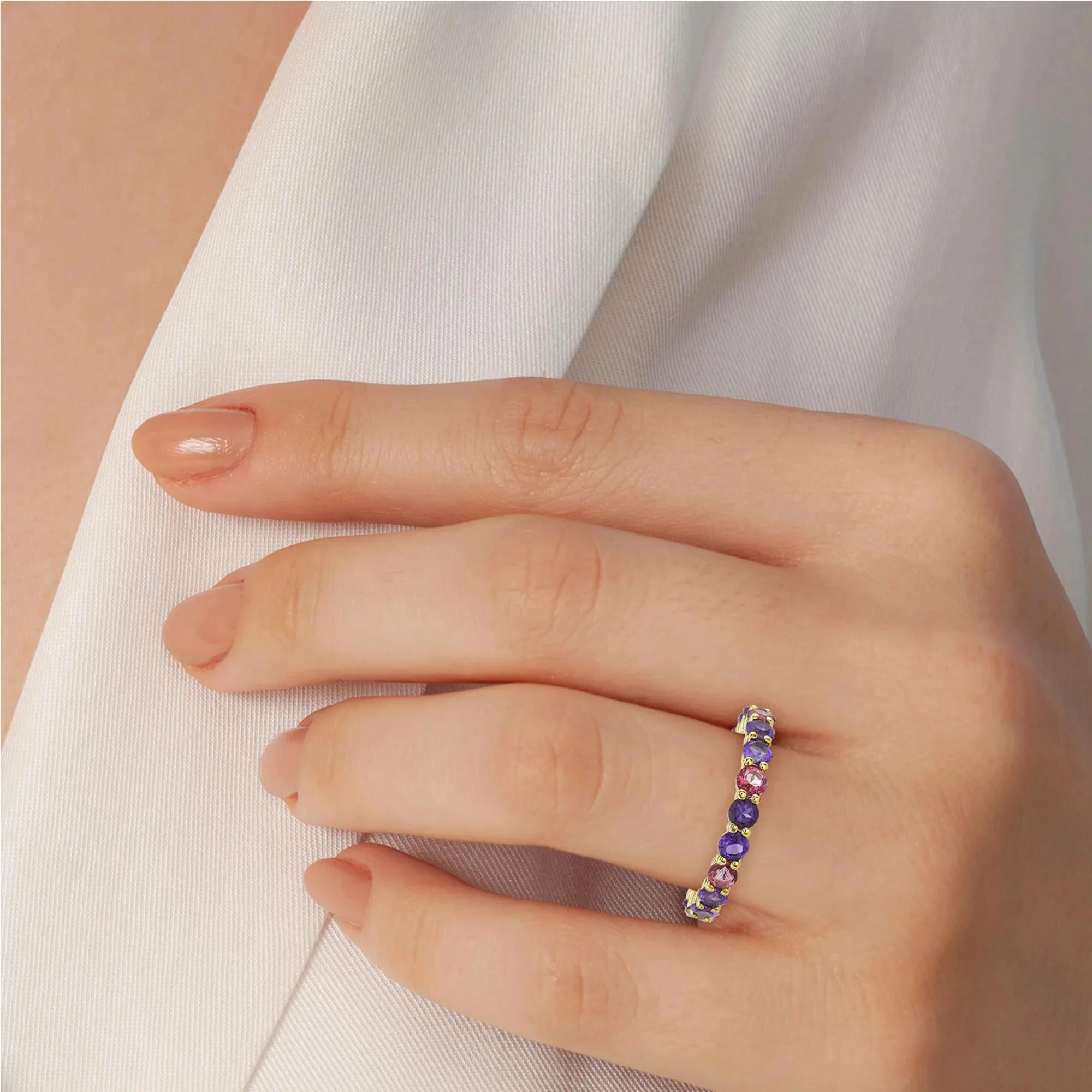 Amethyst and Pink Topaz Ring 10K Yellow Gold Size 6 2.5mm - Image 4