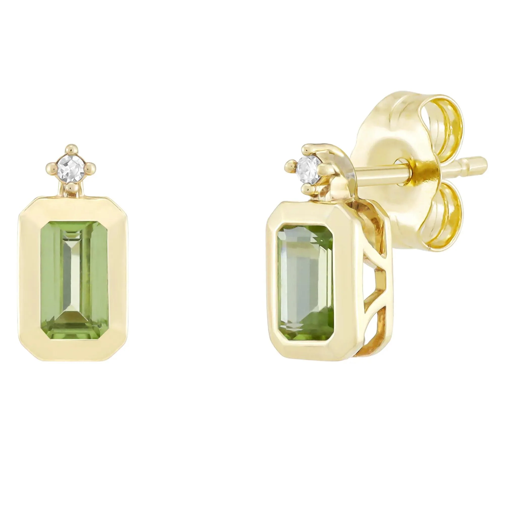 Emerald-Cut Peridot and Diamond Accent Bezel Earrings 10K Yellow Gold Size 8.50mm